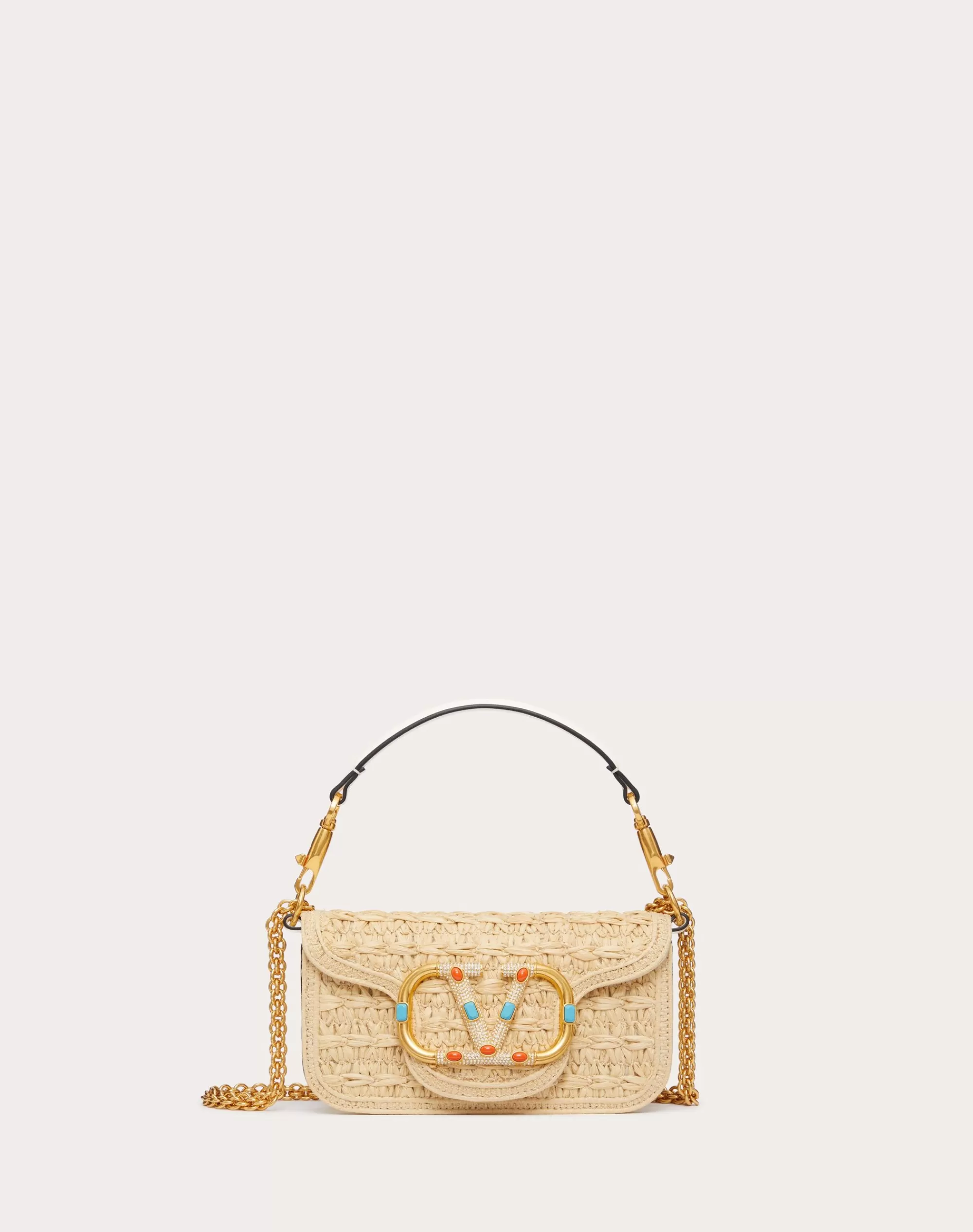 Valentino SMALL LOCÒ RAFFIA SHOULDER BAG WITH JEWEL LOGO Natural/coral/turquoise Fashion