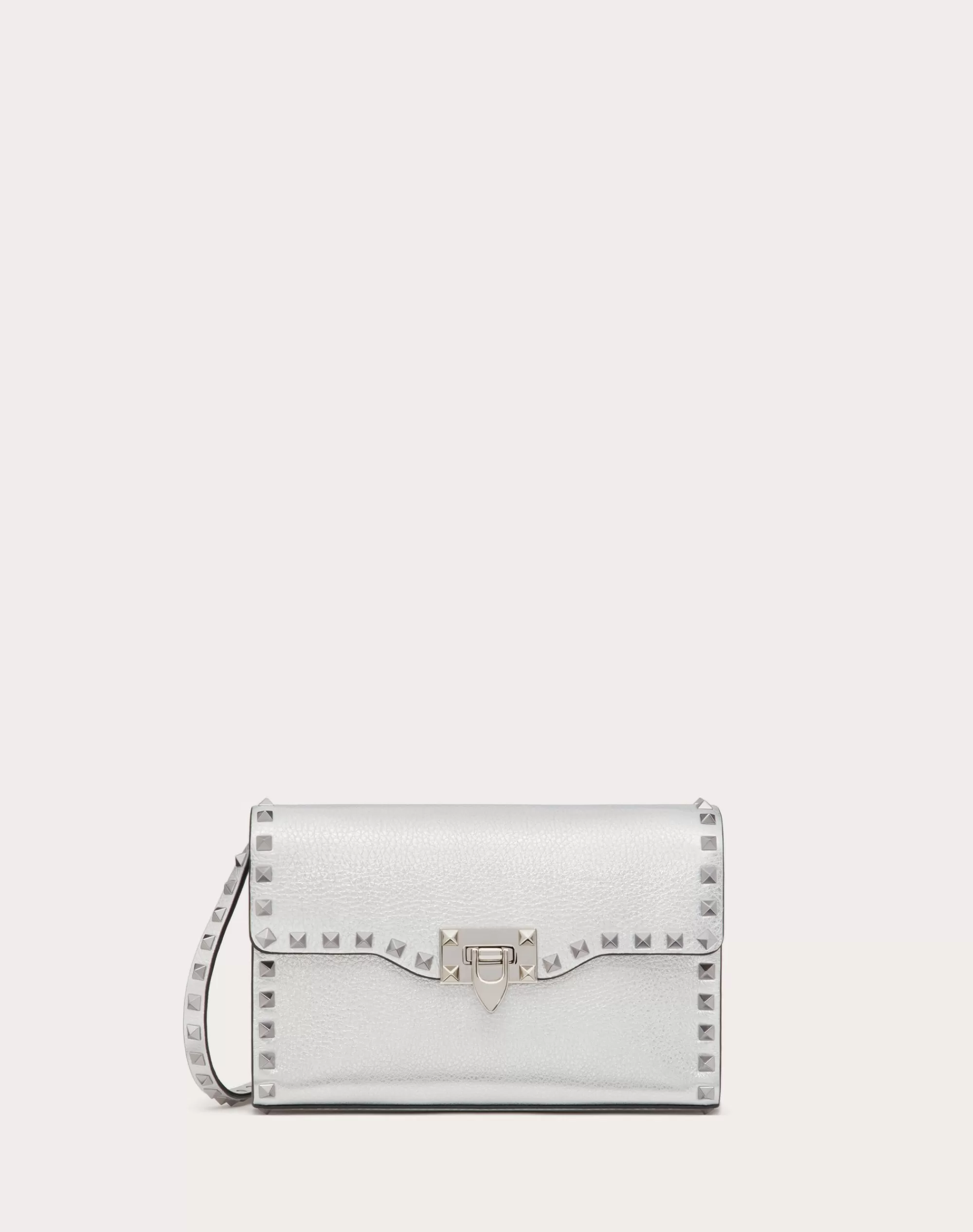 Valentino SMALL ROCKSTUD GRAINY METALLIC CALFSKIN CROSSBODY BAG Silver Flash Sale