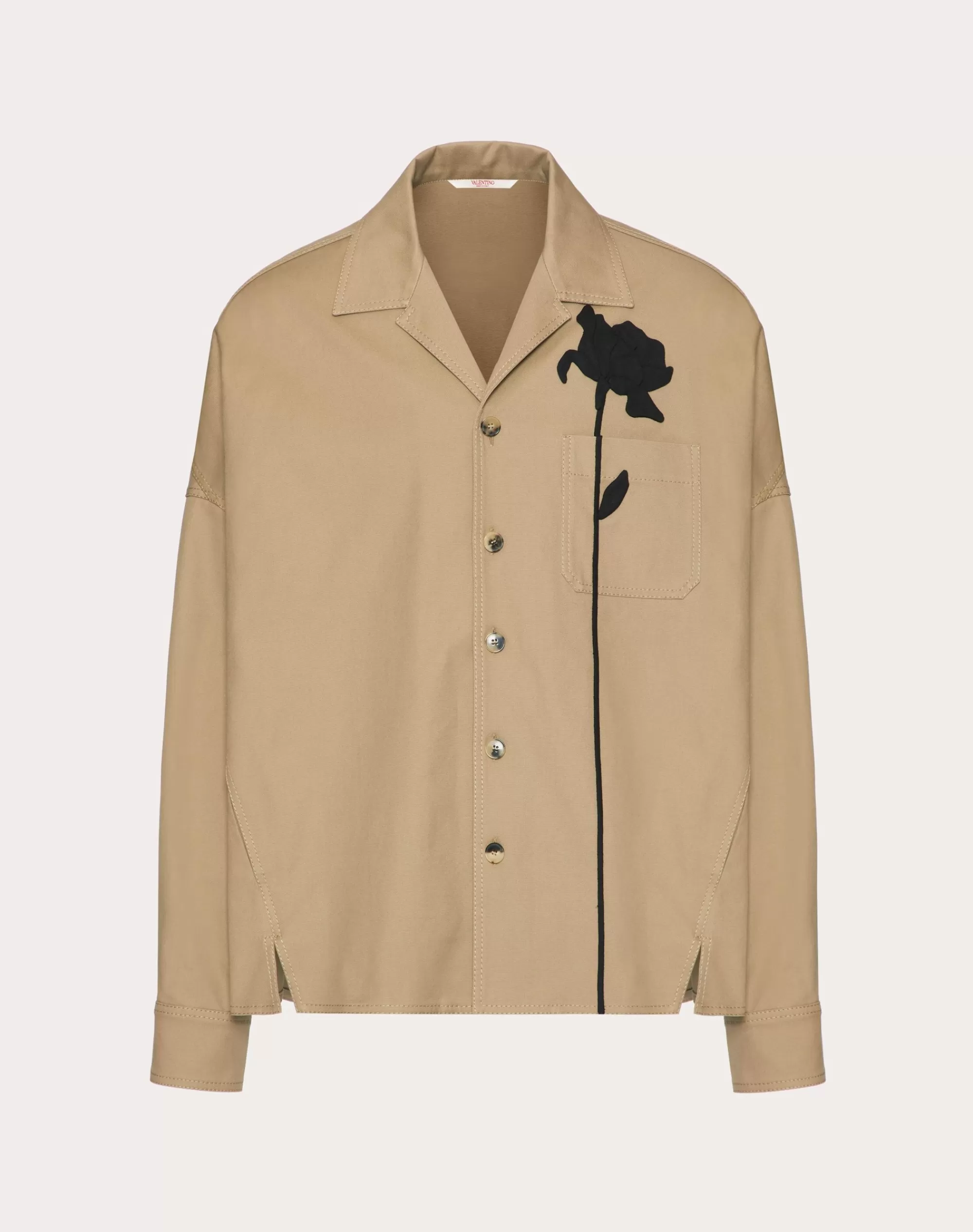 Valentino STRETCH COTTON CANVAS SHIRT JACKET WITH FLOWER EMBROIDERY Beige Best