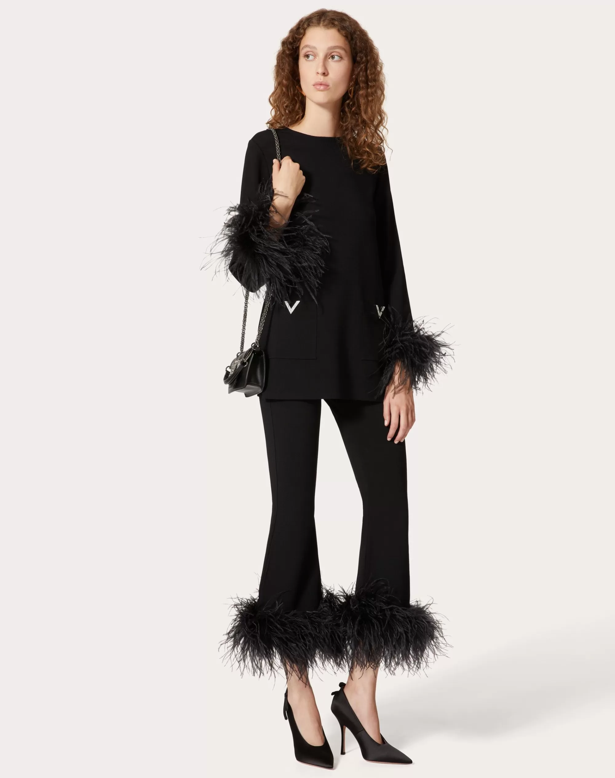 Valentino STRETCHED VISCOSE PANTS WITH FEATHERS Black Shop