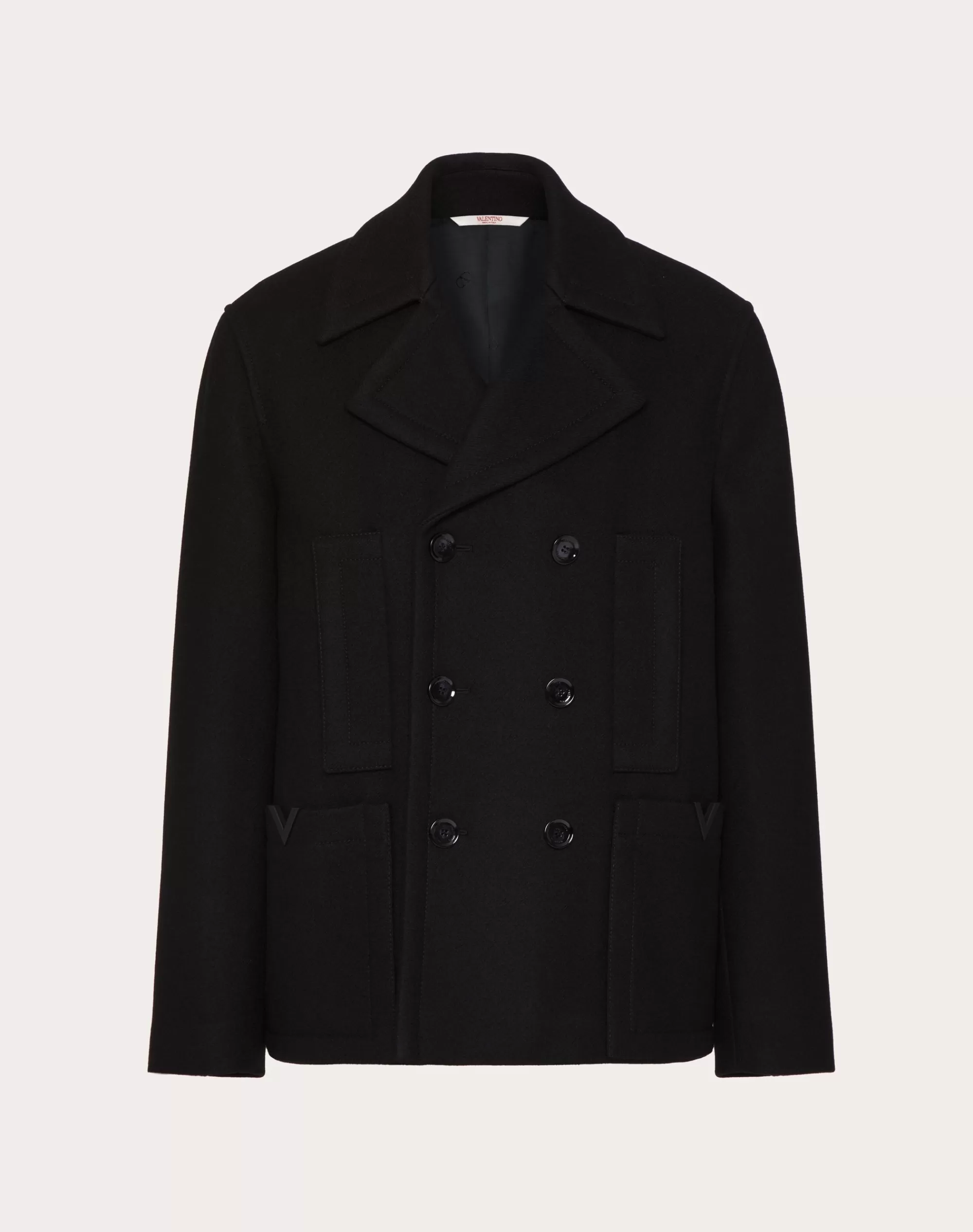 Valentino TECHNICAL WOOL CLOTH PEACOAT WITH RUBBERIZED V DETAIL Black Cheap