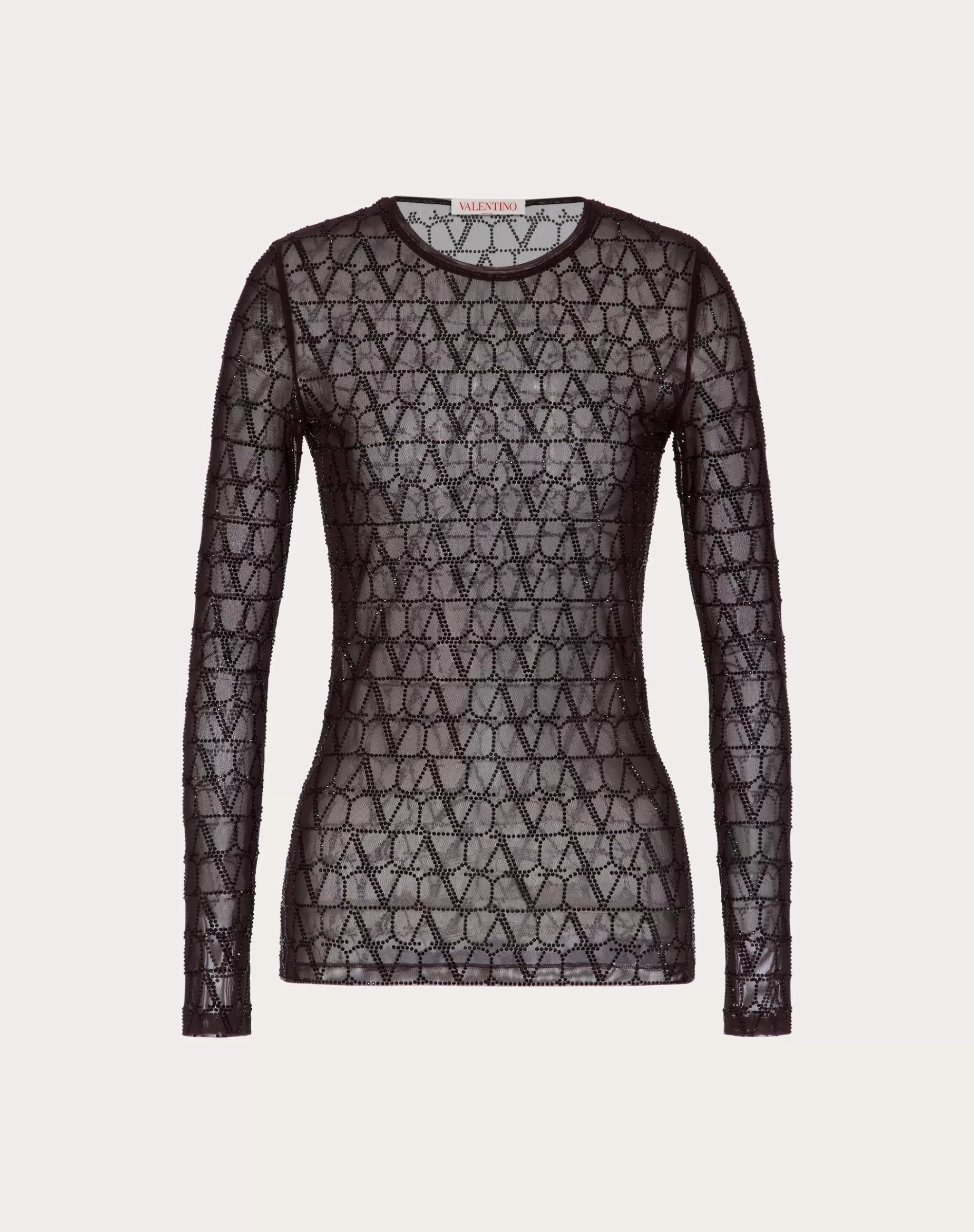 Valentino TOILE ICONOGRAPHE JERSEY TULLE EMBROIDERED RHINESTONE TOP Ebony/black Best