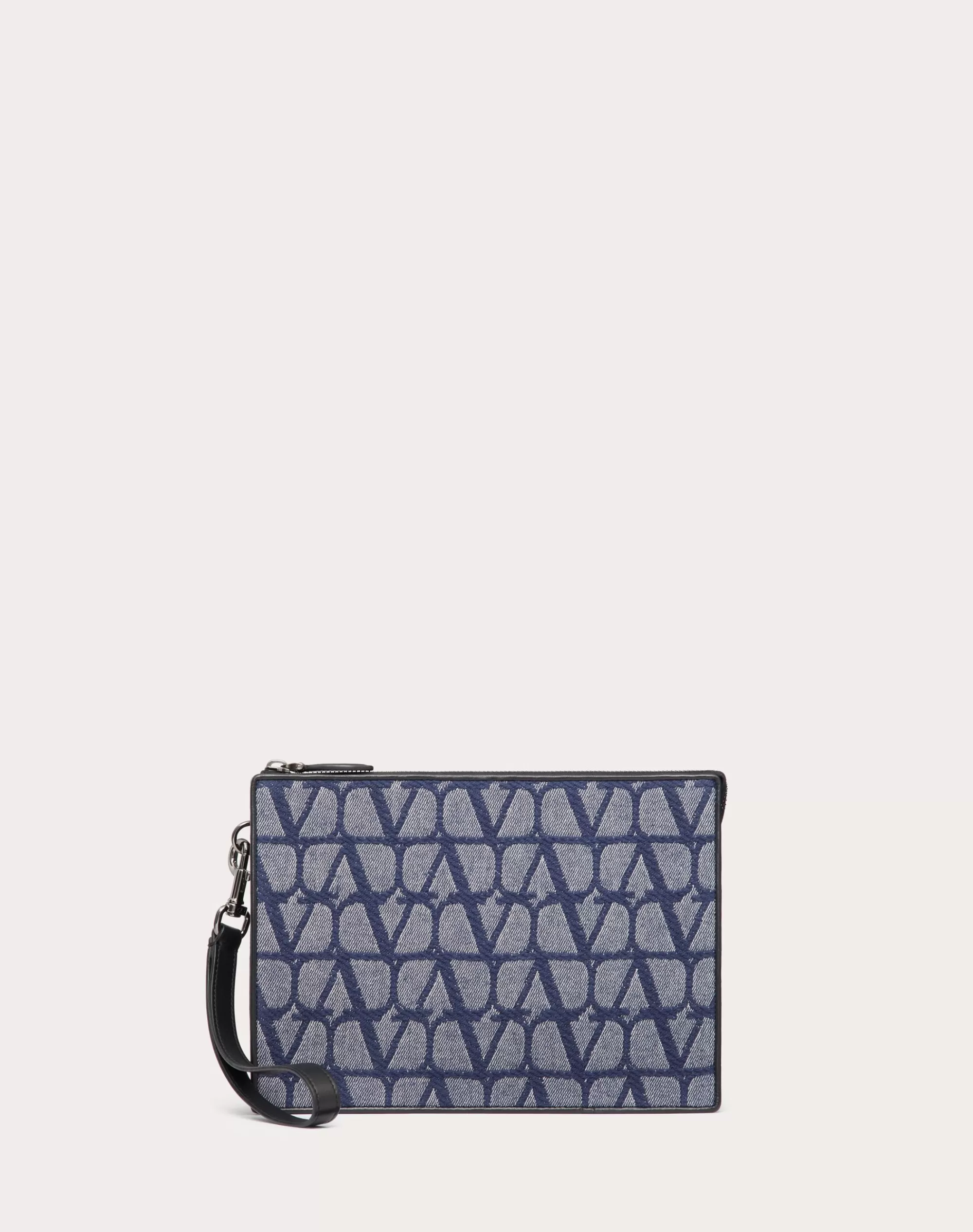 Valentino TOILE ICONOGRAPHE POUCH IN DENIM-EFFECT JACQUARD FABRIC WITH LEATHER DETAILS Denim/black Clearance