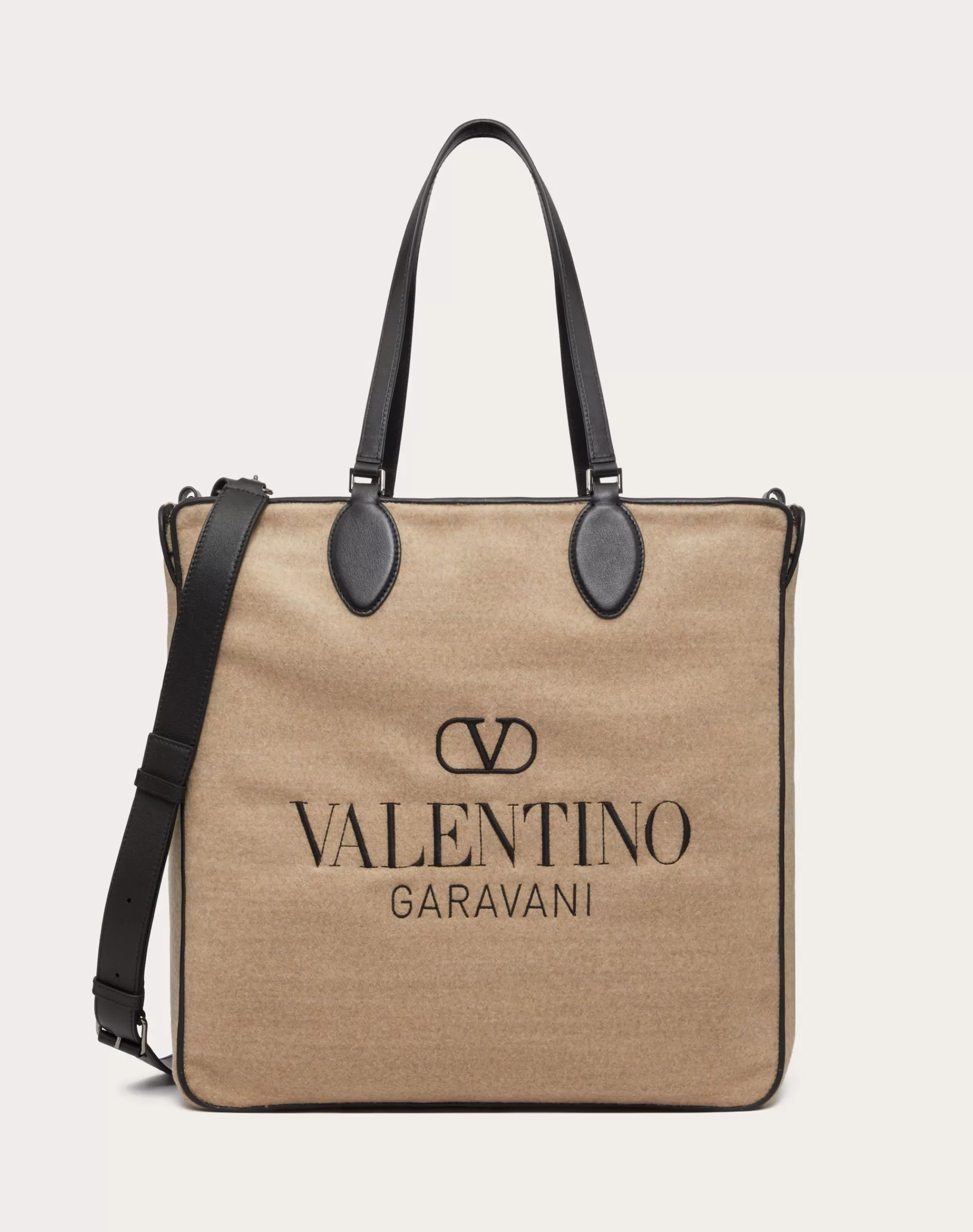 Valentino TOILE ICONOGRAPHE SHOPPING BAG IN WOOL WITH LEATHER DETAILS Beige/black Cheap