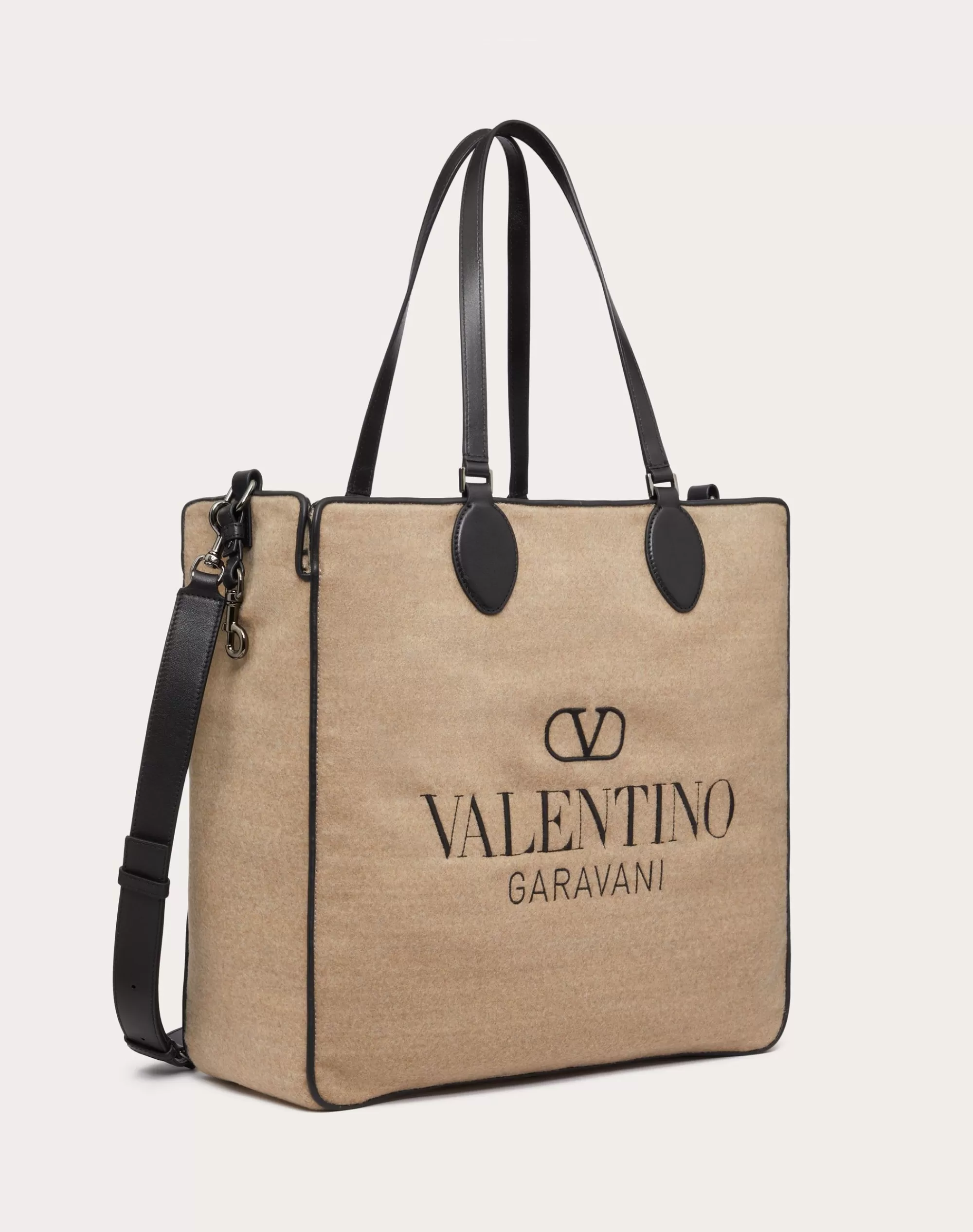 Valentino TOILE ICONOGRAPHE SHOPPING BAG IN WOOL WITH LEATHER DETAILS Beige/black Cheap