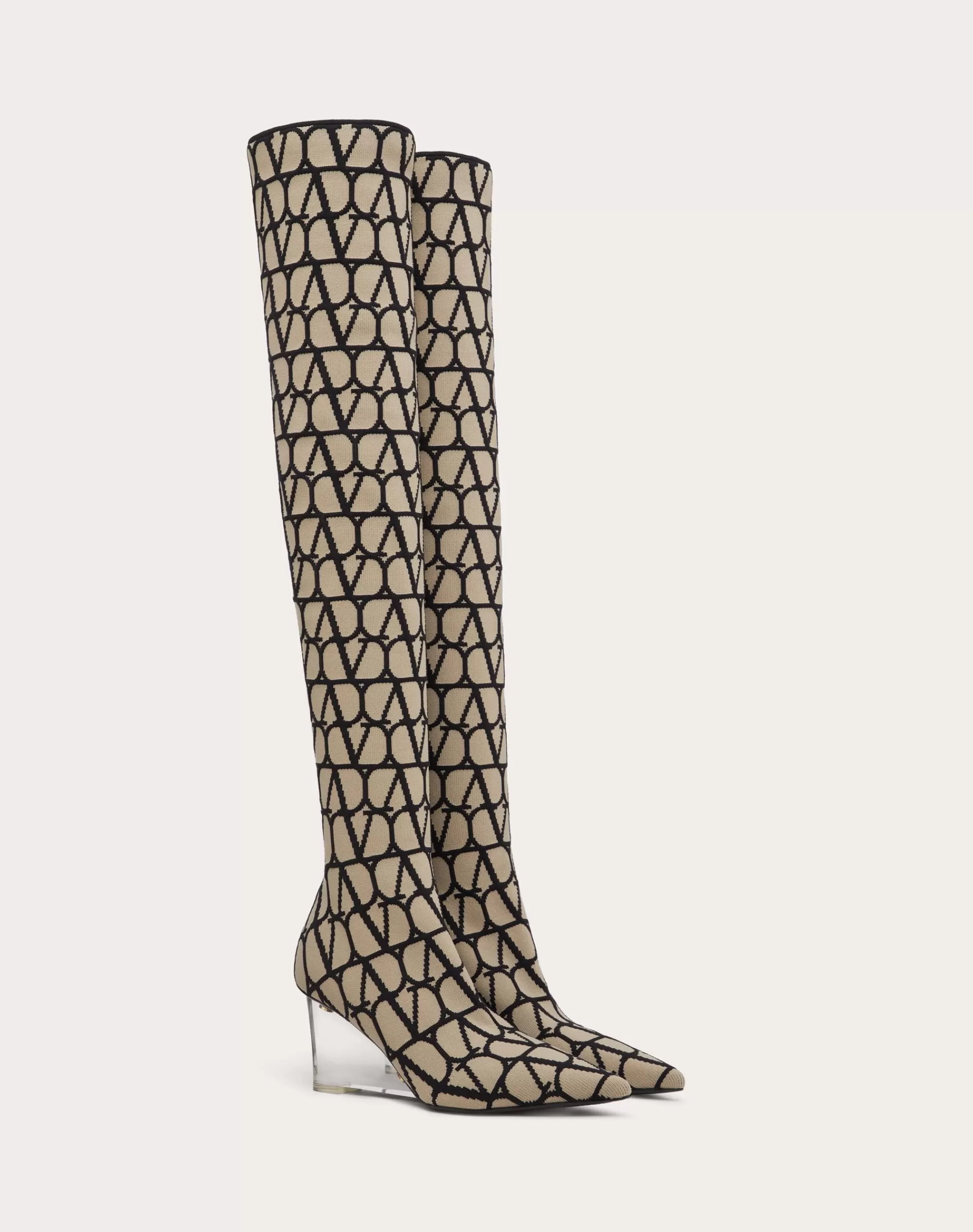 Valentino TOILE ICONOGRAPHE STRETCH KNIT OVER-THE-KNEE BOOT 75MM Beige/black Sale