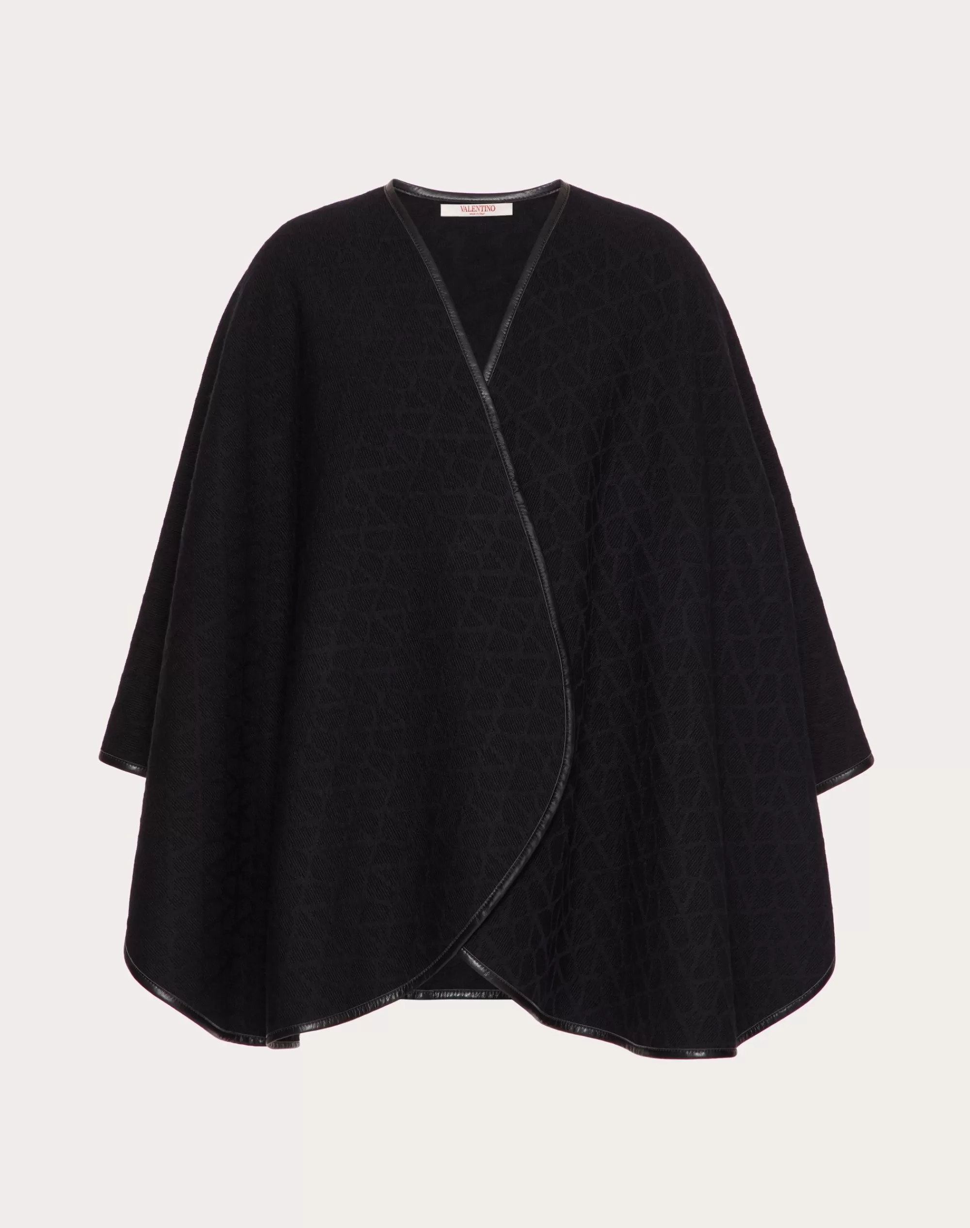 Valentino TOILE ICONOGRAPHE WOOL PONCHO WITH LEATHER TRIM Black Clearance