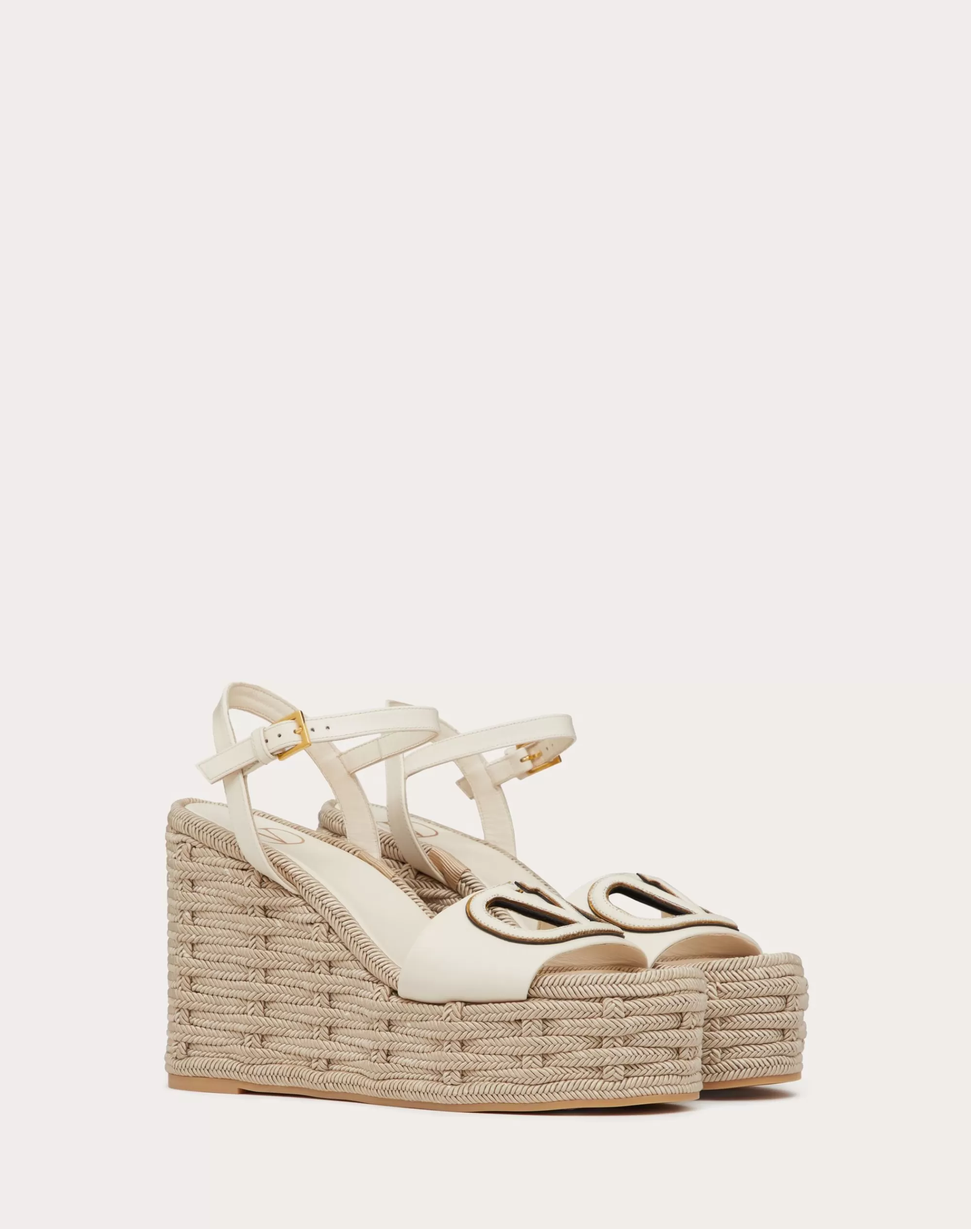 Valentino VLOGO CALFSKIN CUT-OUT WEDGE SANDAL 110MM Ivory/antiqueBrass Discount