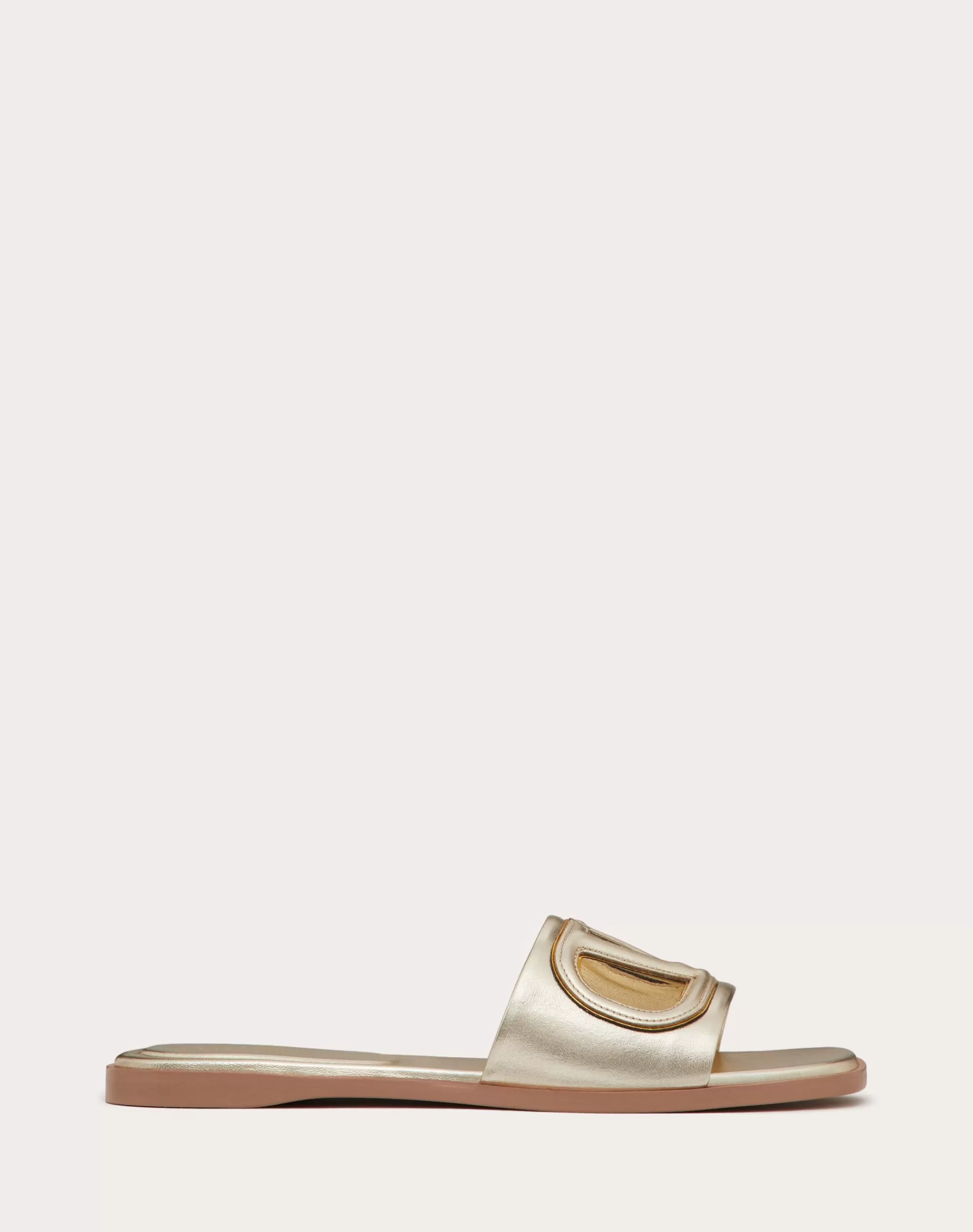 Valentino VLOGO CUT-OUT LAMINATED NAPPA LEATHER SLIDE SANDAL Platinum/antiqueBrass Store