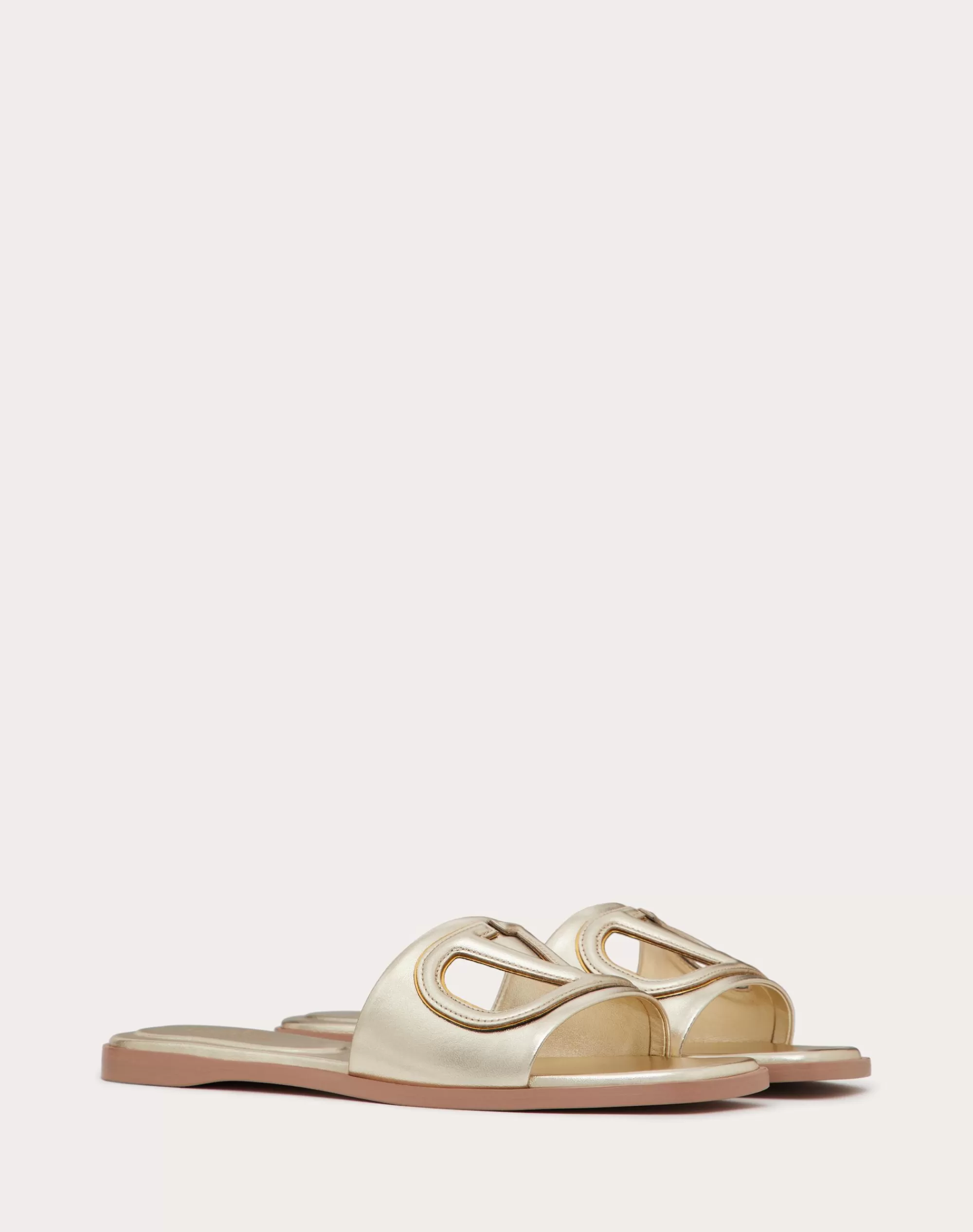 Valentino VLOGO CUT-OUT LAMINATED NAPPA LEATHER SLIDE SANDAL Platinum/antiqueBrass Store