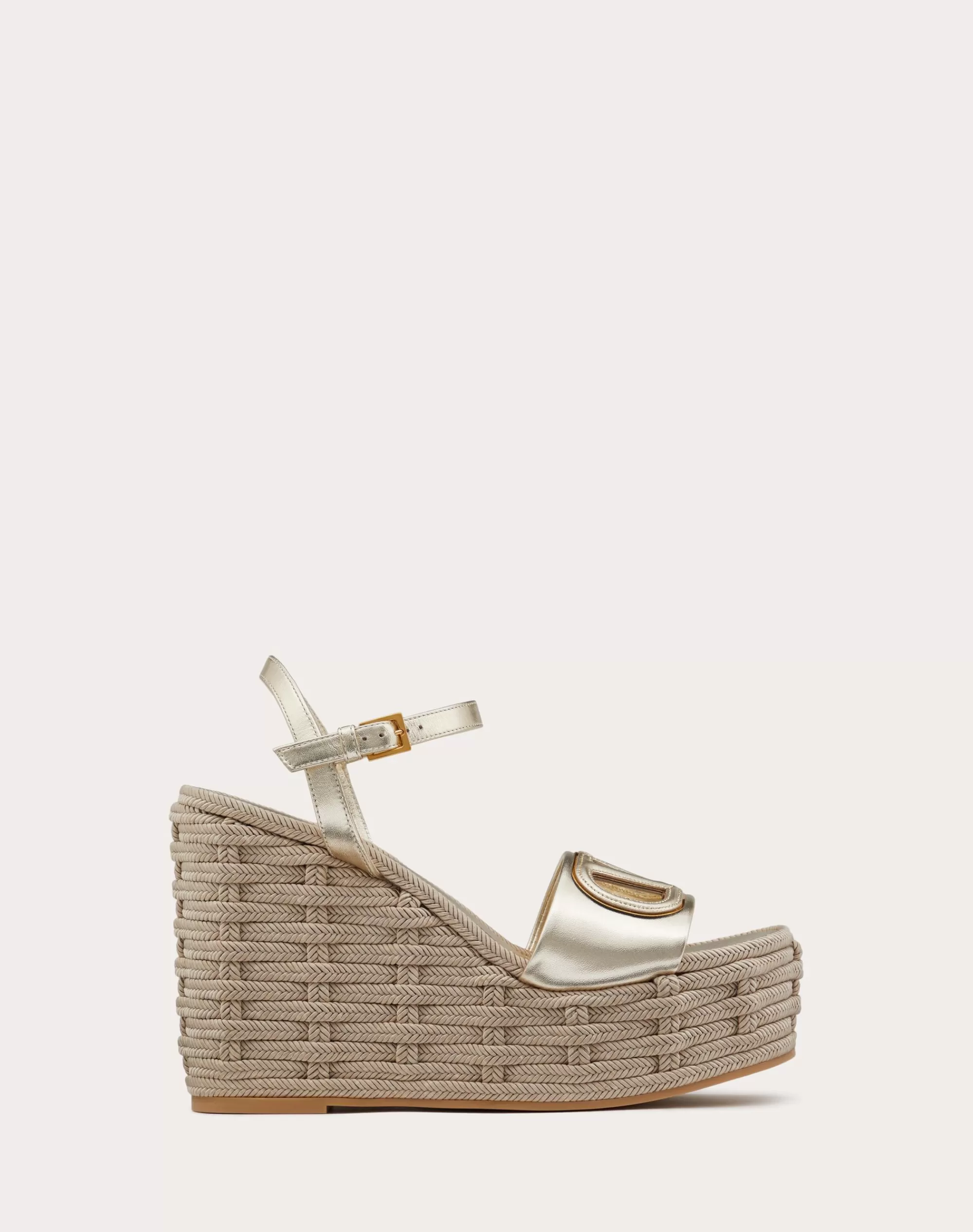 Valentino VLOGO CUT-OUT WEDGE SANDAL IN LAMINATED NAPPA LEATHER 110MM Platinum/antiqueBrass/opalGrey Shop