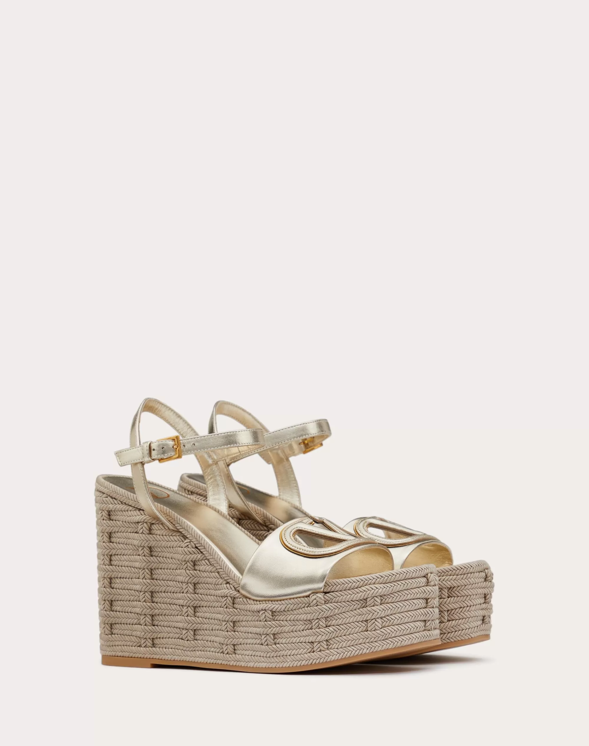 Valentino VLOGO CUT-OUT WEDGE SANDAL IN LAMINATED NAPPA LEATHER 110MM Platinum/antiqueBrass/opalGrey Shop