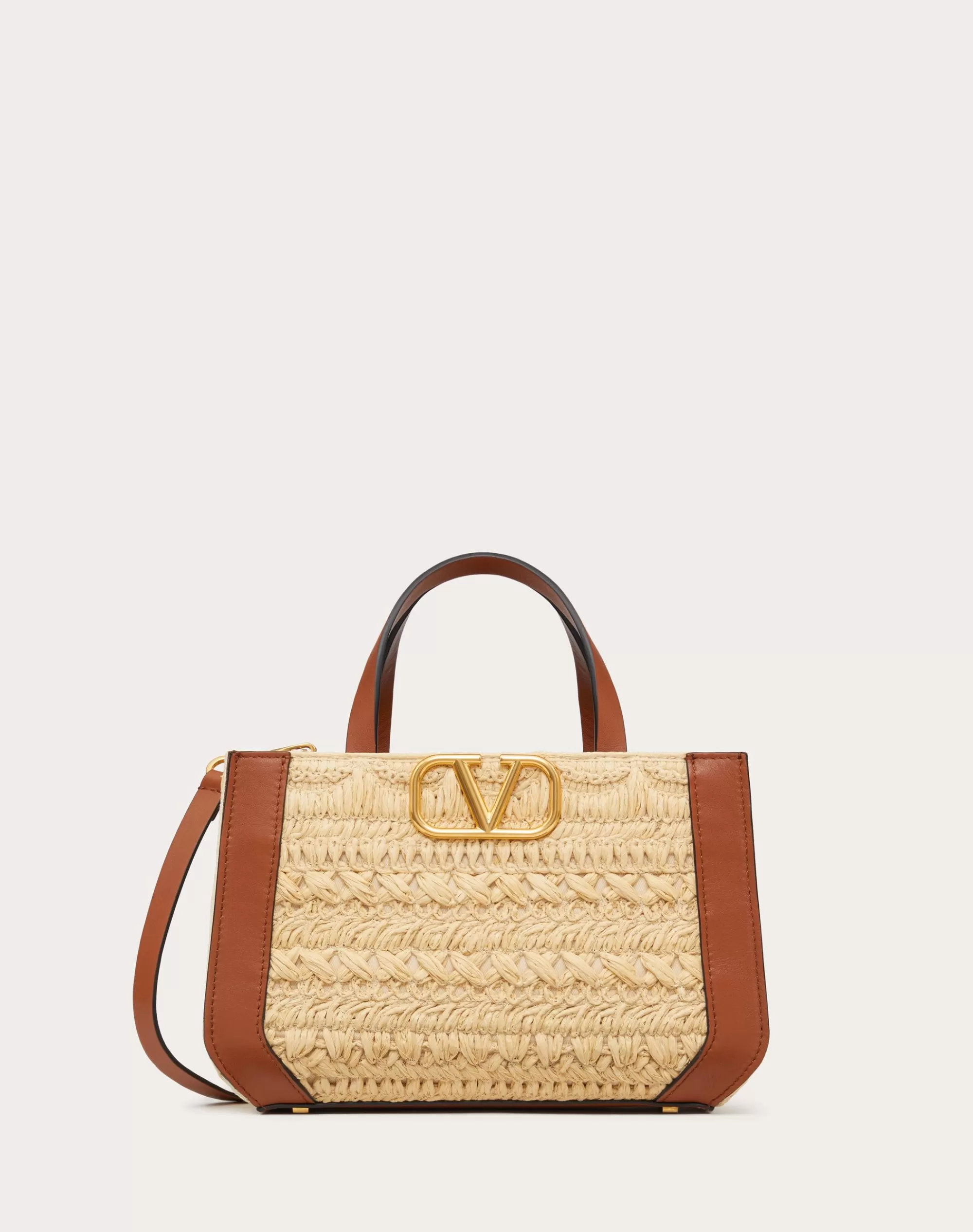 Valentino VLOGO SIGNATURE HANDBAG WITH RAFFIA EMBROIDERY Natural/saddleBrown Cheap