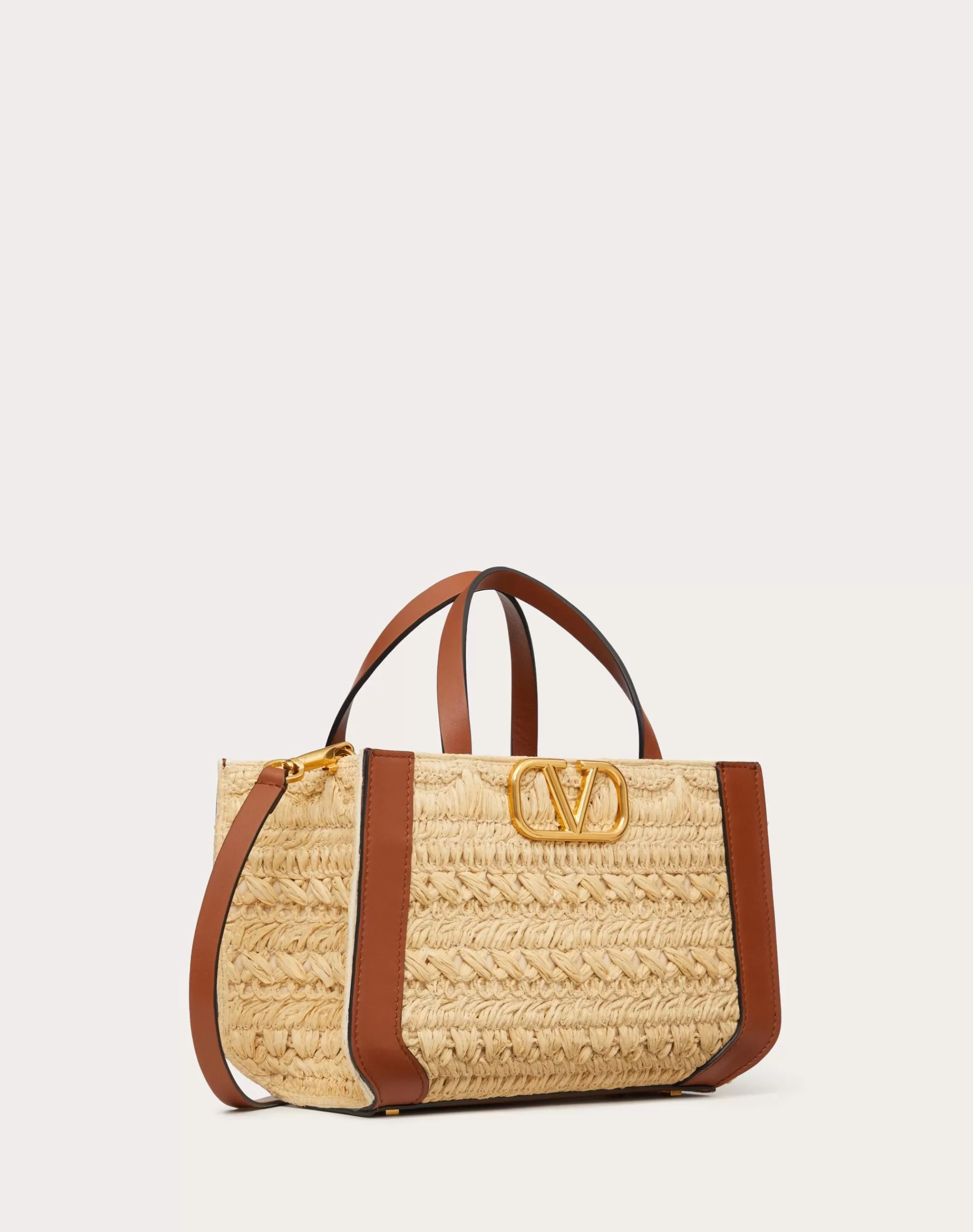 Valentino VLOGO SIGNATURE HANDBAG WITH RAFFIA EMBROIDERY Natural/saddleBrown Cheap