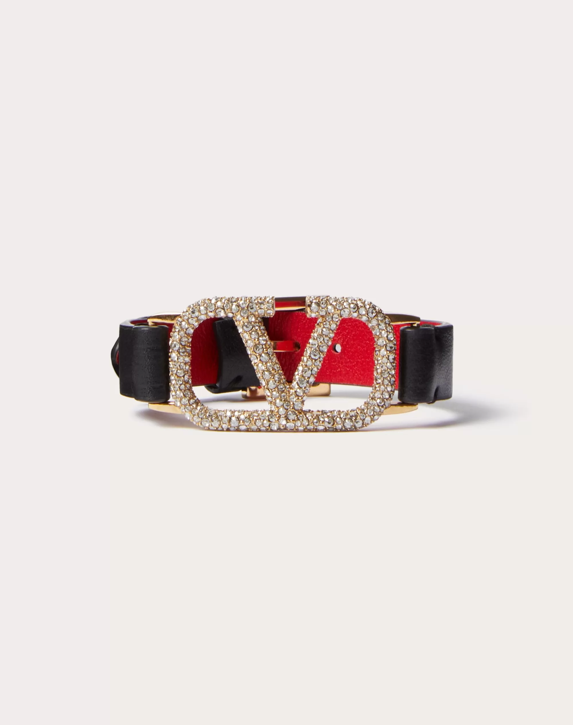 Valentino VLOGO SIGNATURE LEATHER BRACELET WITH SWAROVSKI® CRYSTALS Black/pureRed Clearance