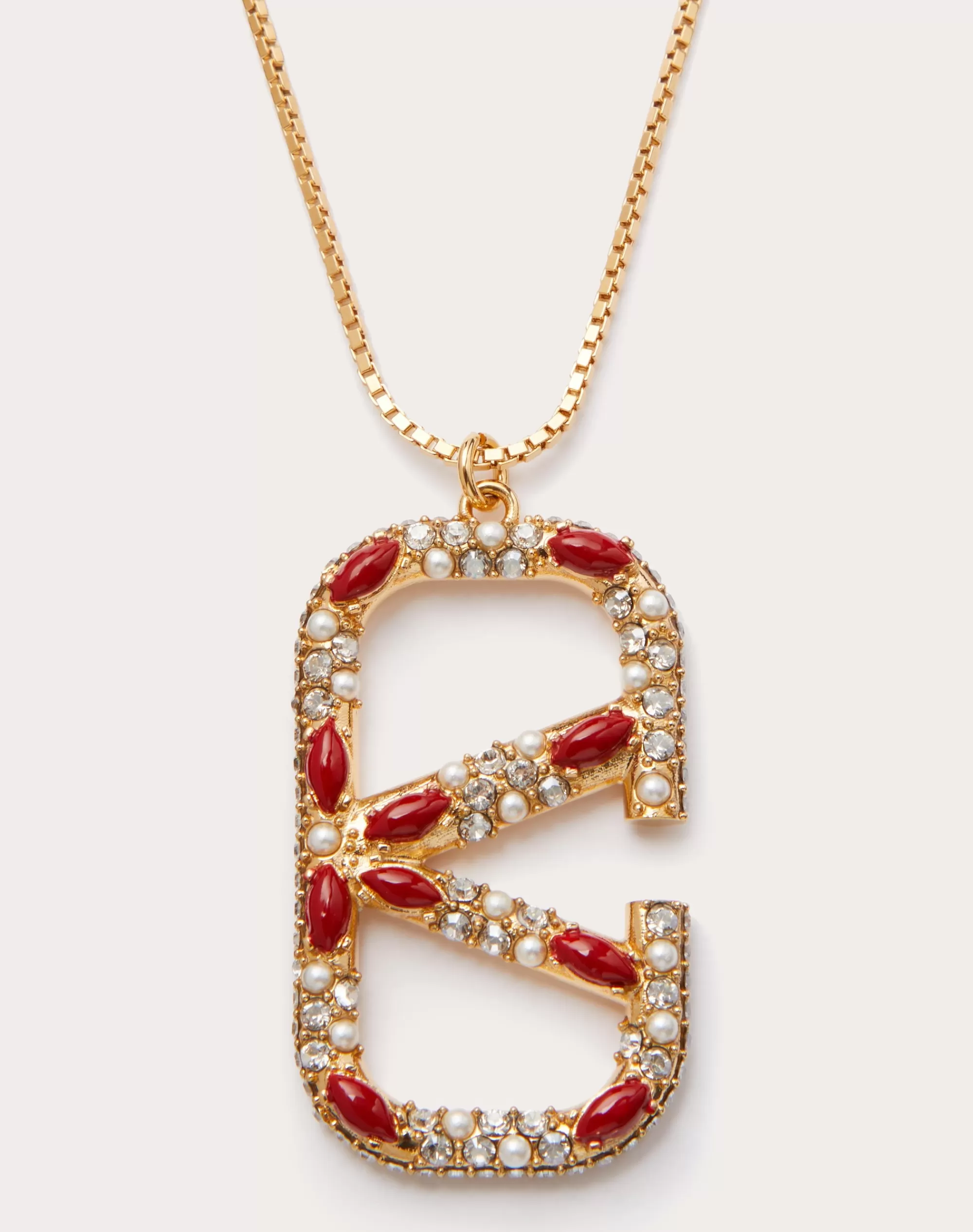 Valentino VLOGO SIGNATURE METAL, PEARL, ENAMEL AND SWAROVSKI® CRYSTAL NECKLACE Gold/coral/crystal Best