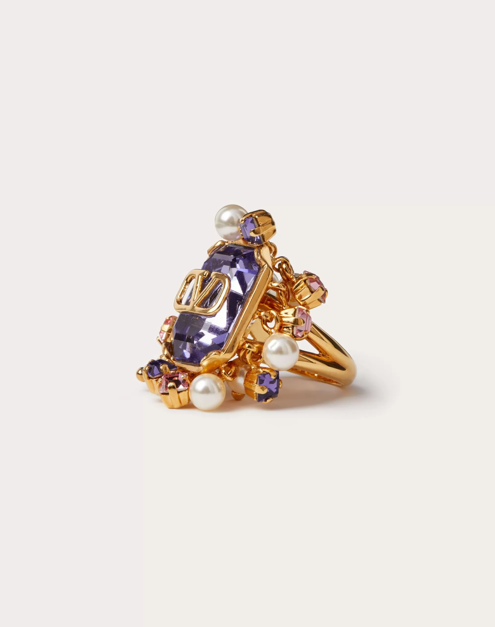 Valentino VLOGO SIGNATURE METAL RING WITH PEARLS AND CRYSTALS Gold/purple Outlet