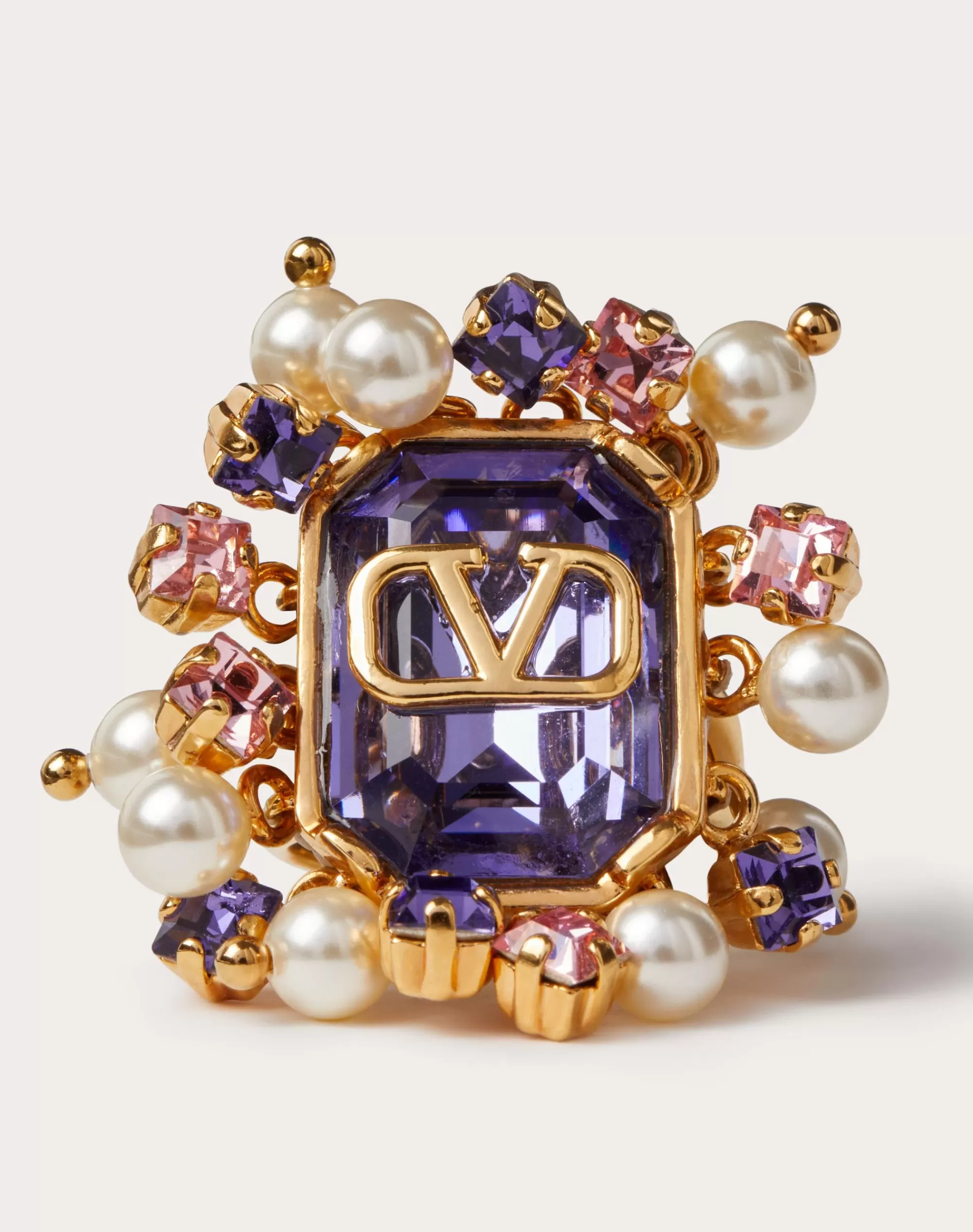 Valentino VLOGO SIGNATURE METAL RING WITH PEARLS AND CRYSTALS Gold/purple Outlet