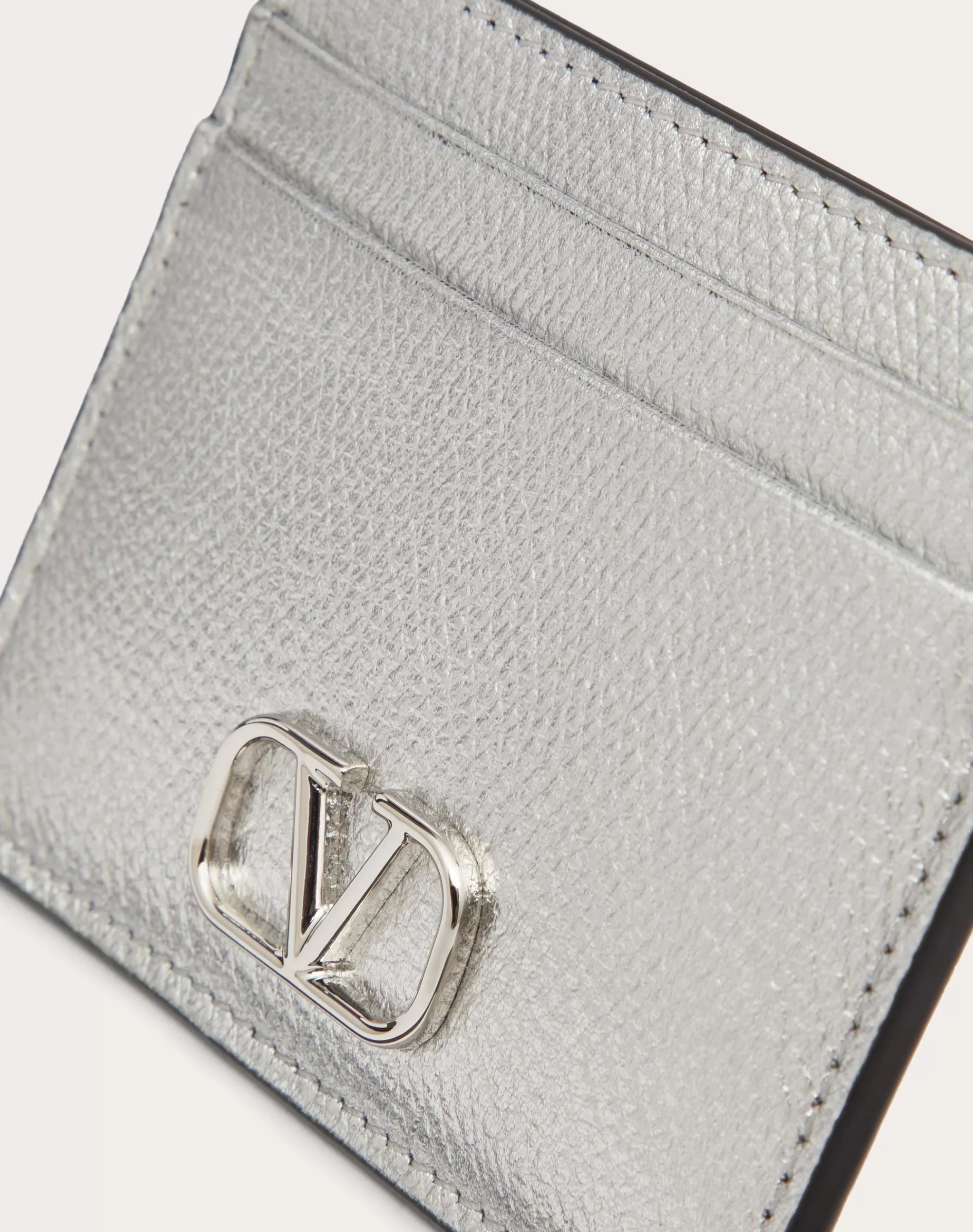 Valentino VLOGO SIGNATURE METALLIC GRAINY CALFSKIN CARDHOLDER Silver Flash Sale