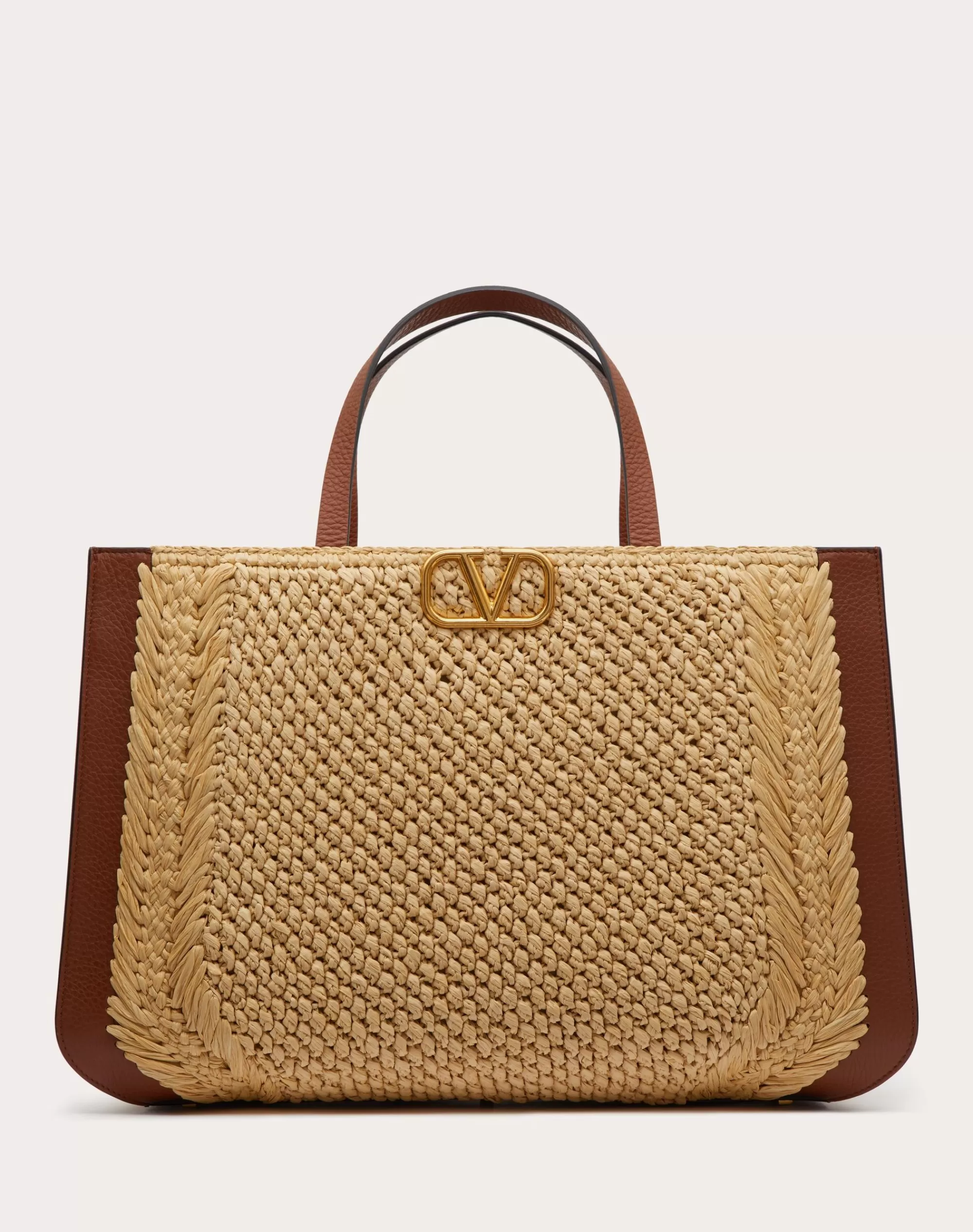 Valentino VLOGO SIGNATURE RAFFIA HANDBAG Natural/saddleBrown New