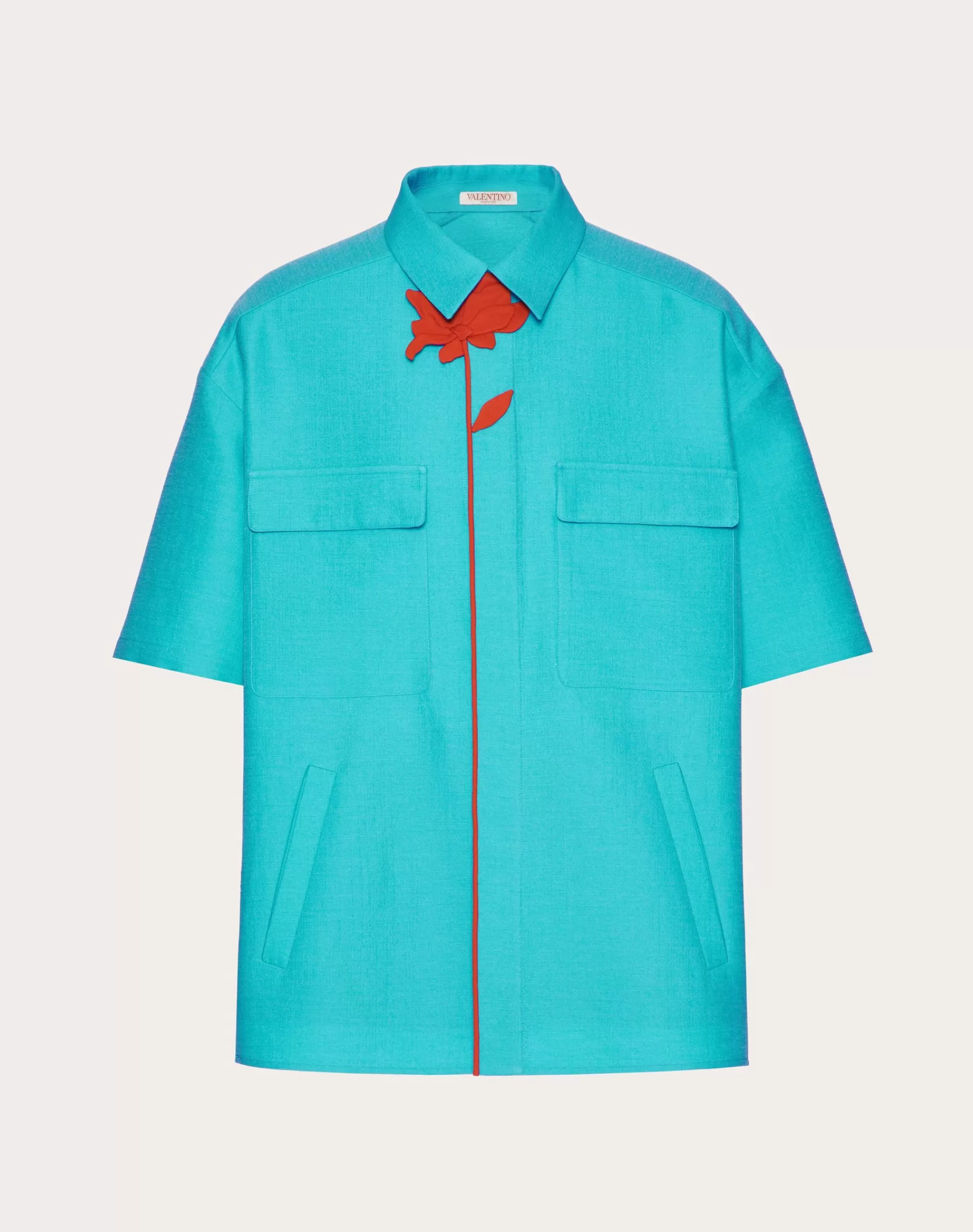 Valentino WOOL AND SILK BOWLING SHIRT WITH FLOWER EMBROIDERY Turquoise Hot