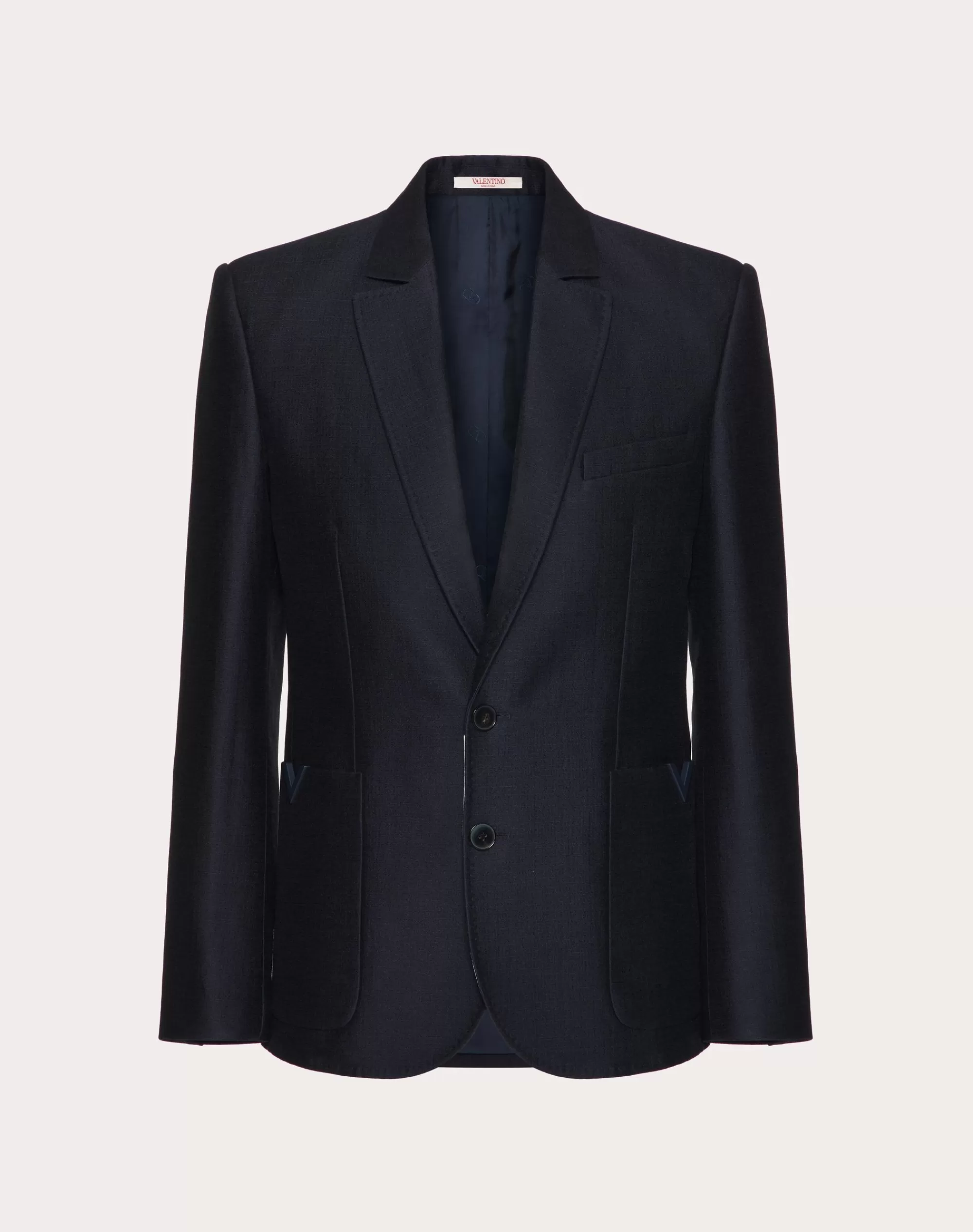 Valentino WOOL AND SILK SINGLE-BREASTED JACKET WITH RUBBERIZED V DETAIL Navy Fashion