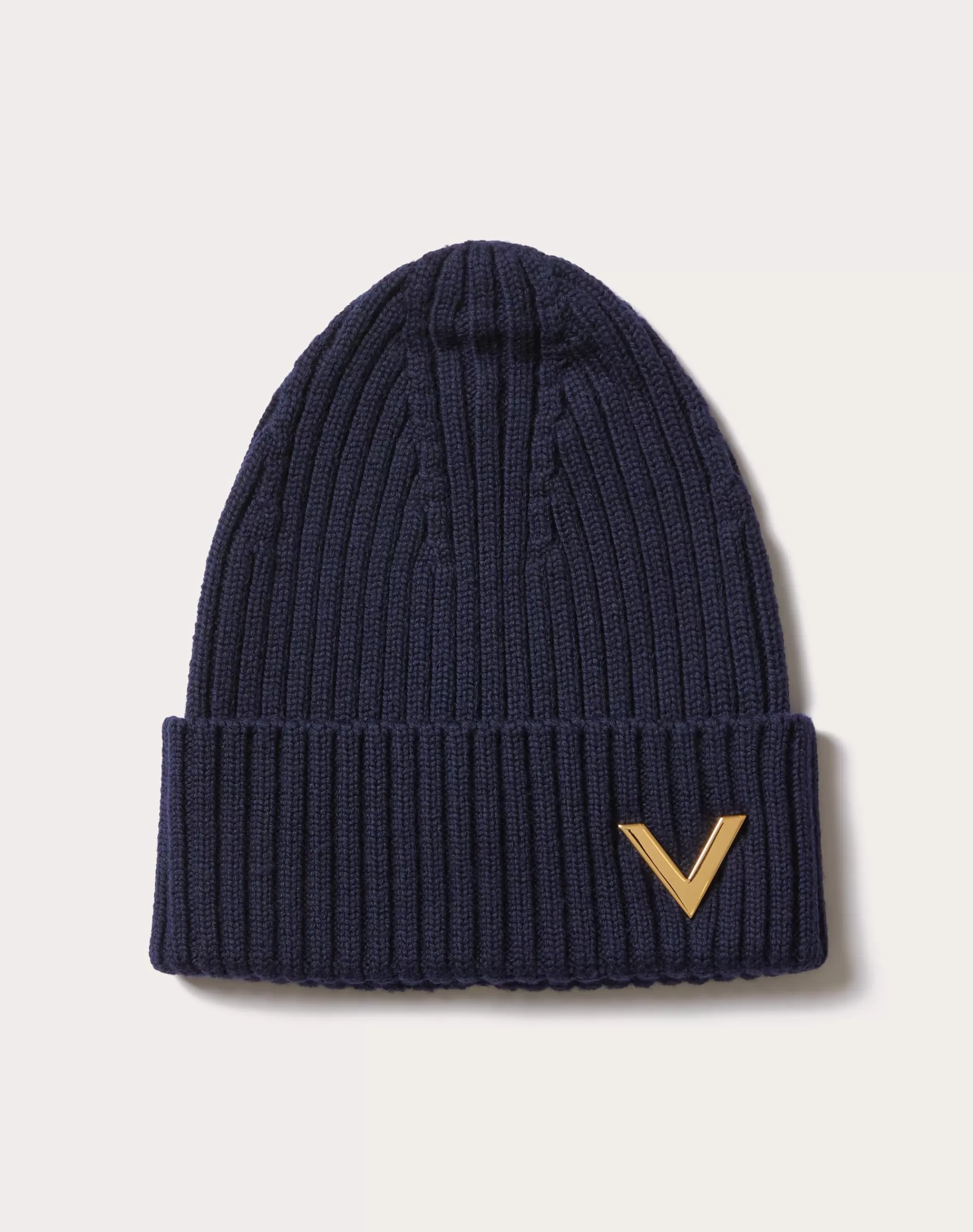 Valentino WOOL BEANIE WITH METAL V APPLIQUÉ Navy Clearance