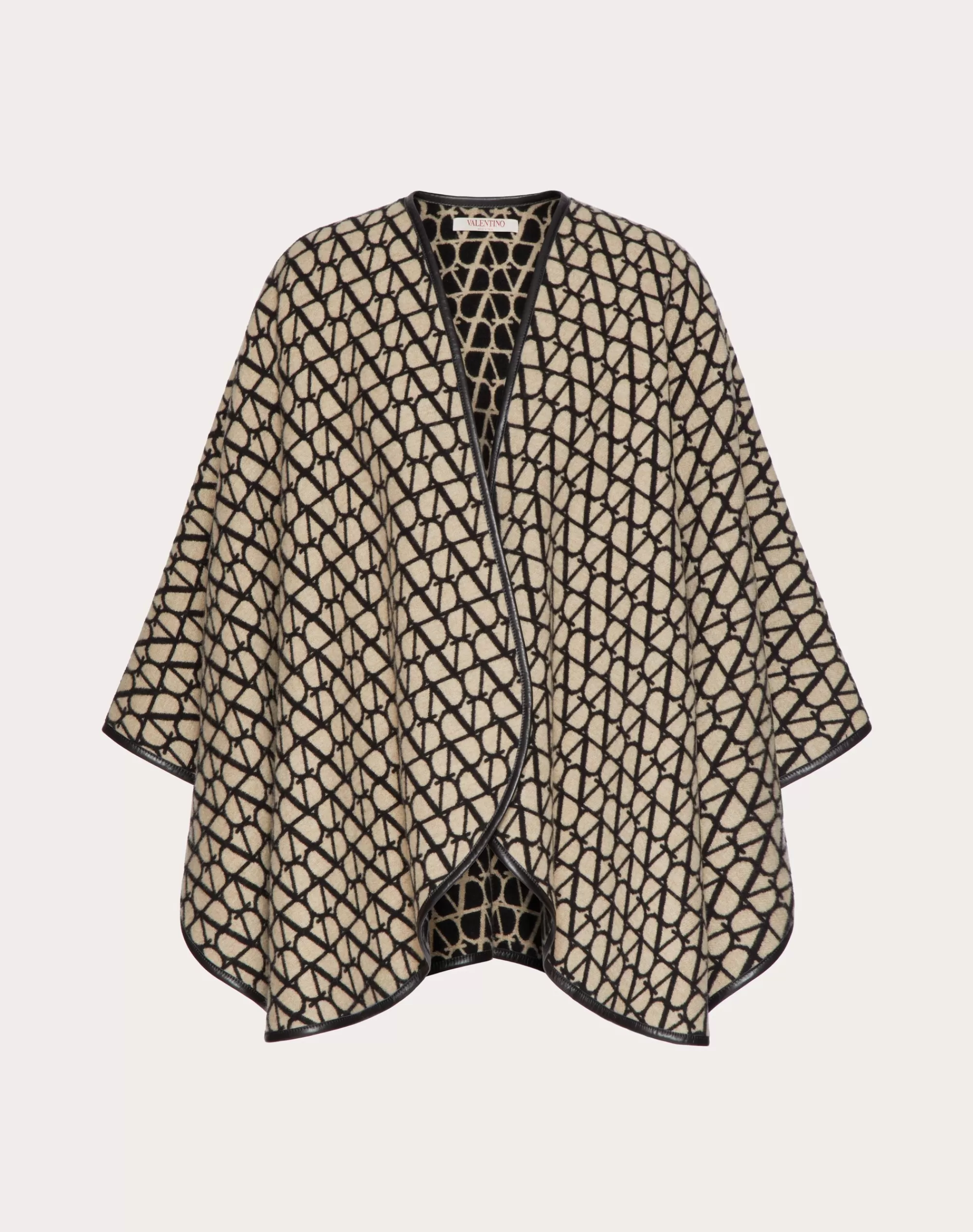 Valentino WOOL, CASHMERE AND LEATHER TOILE ICONOGRAPHE PONCHO Beige/black Sale