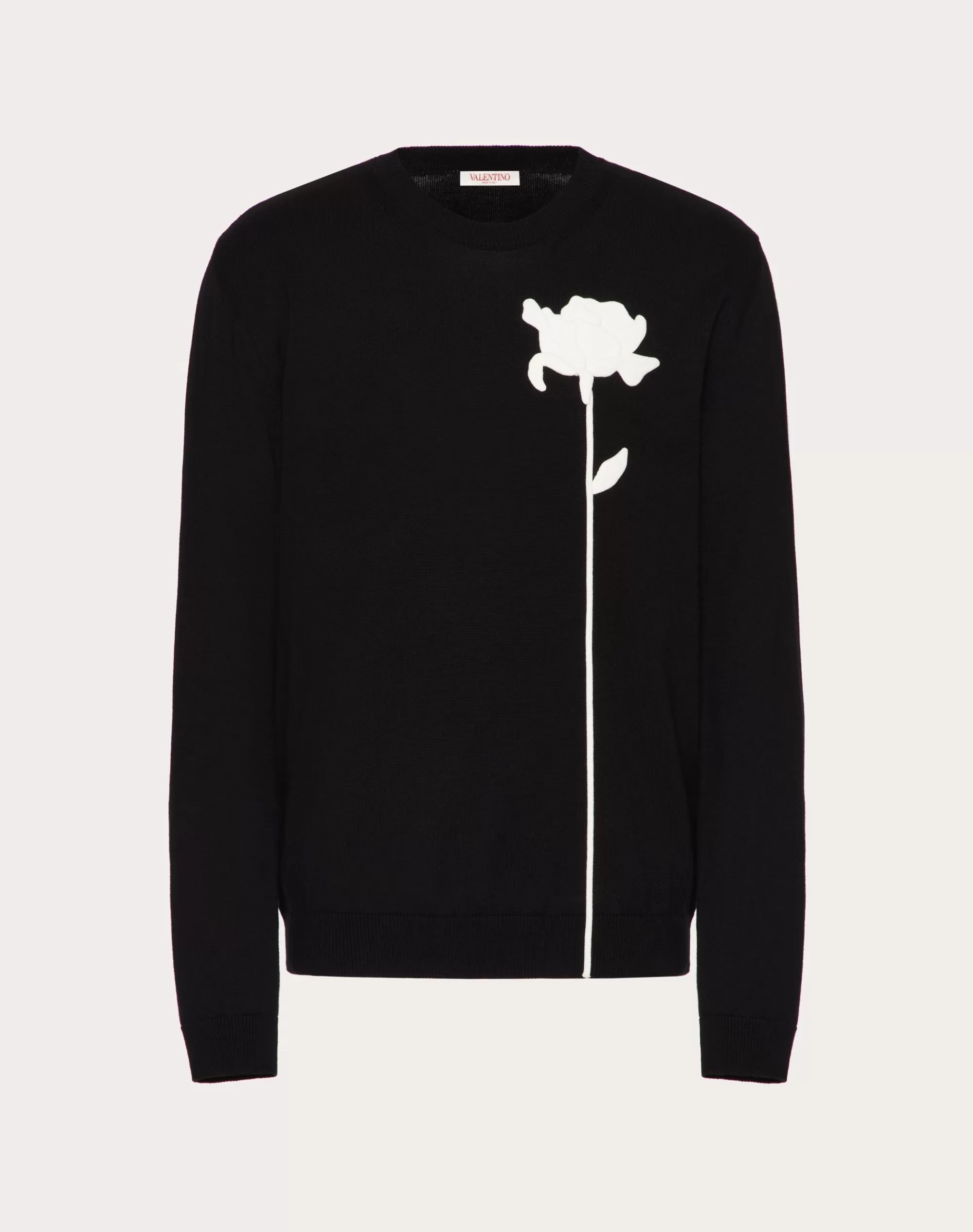 Valentino WOOL CREWNECK SWEATER WITH FLOWER EMBROIDERY Black Fashion