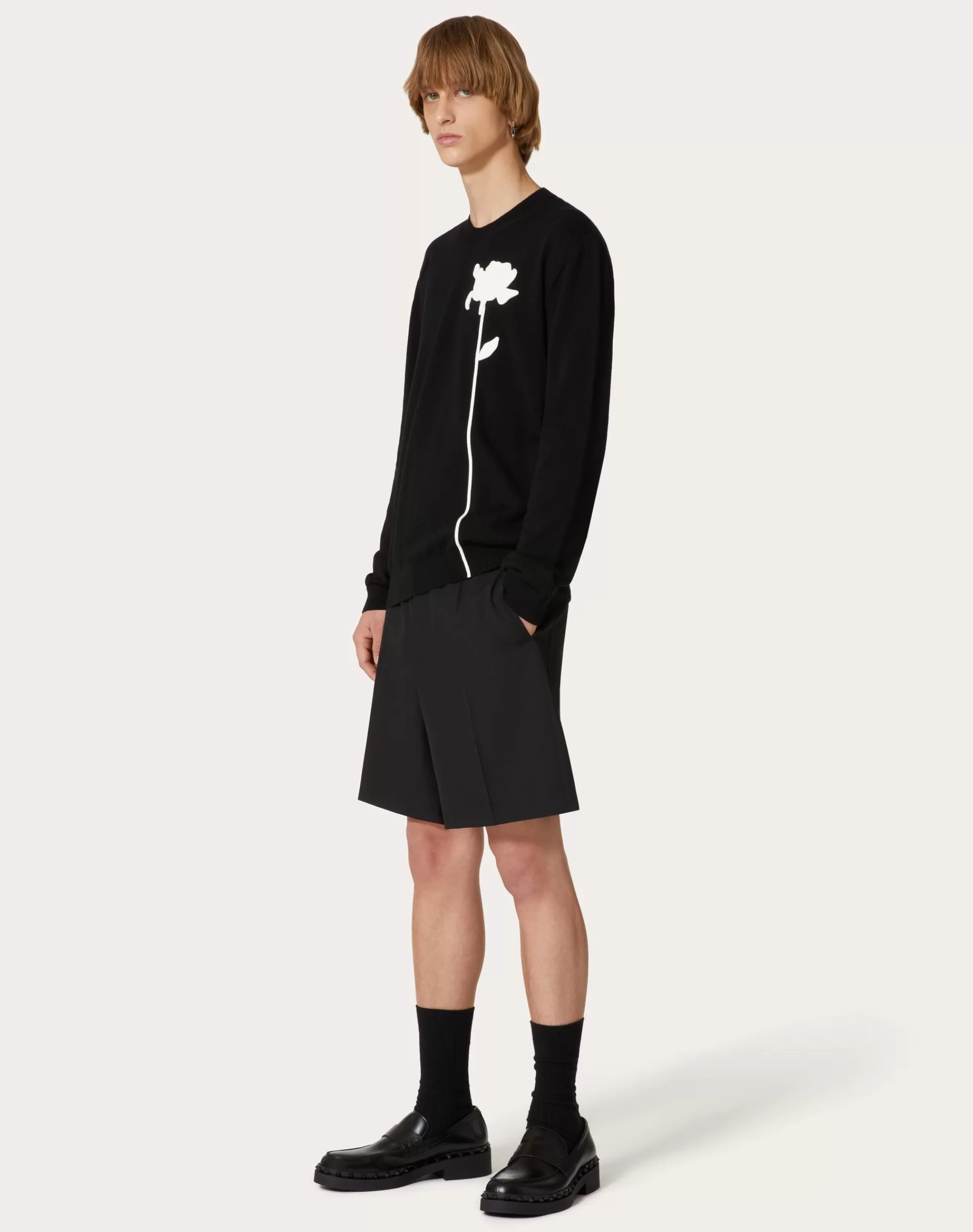 Valentino WOOL CREWNECK SWEATER WITH FLOWER EMBROIDERY Black Fashion