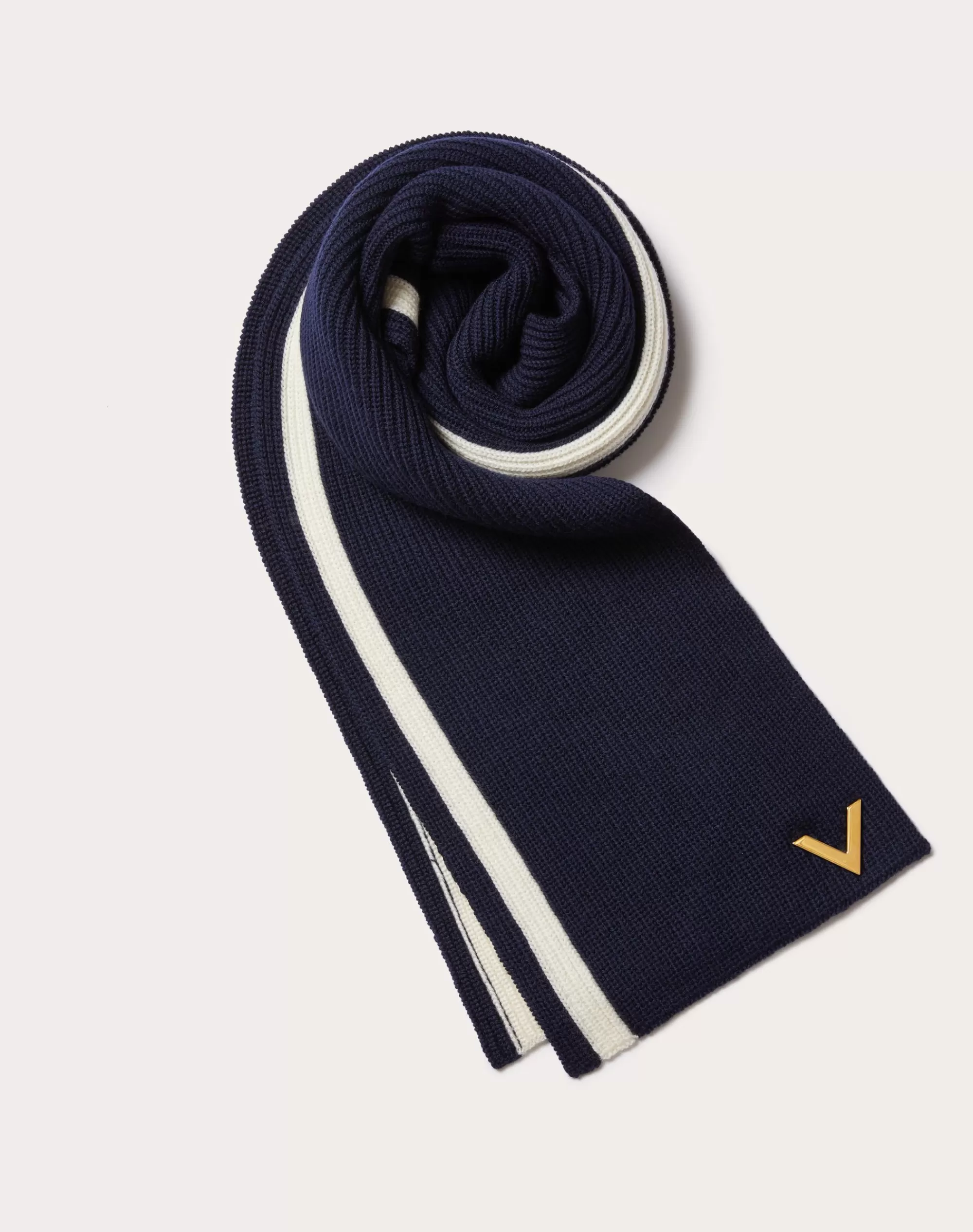 Valentino WOOL SCARF WITH METAL V APPLIQUÉ Navy/ivory Fashion