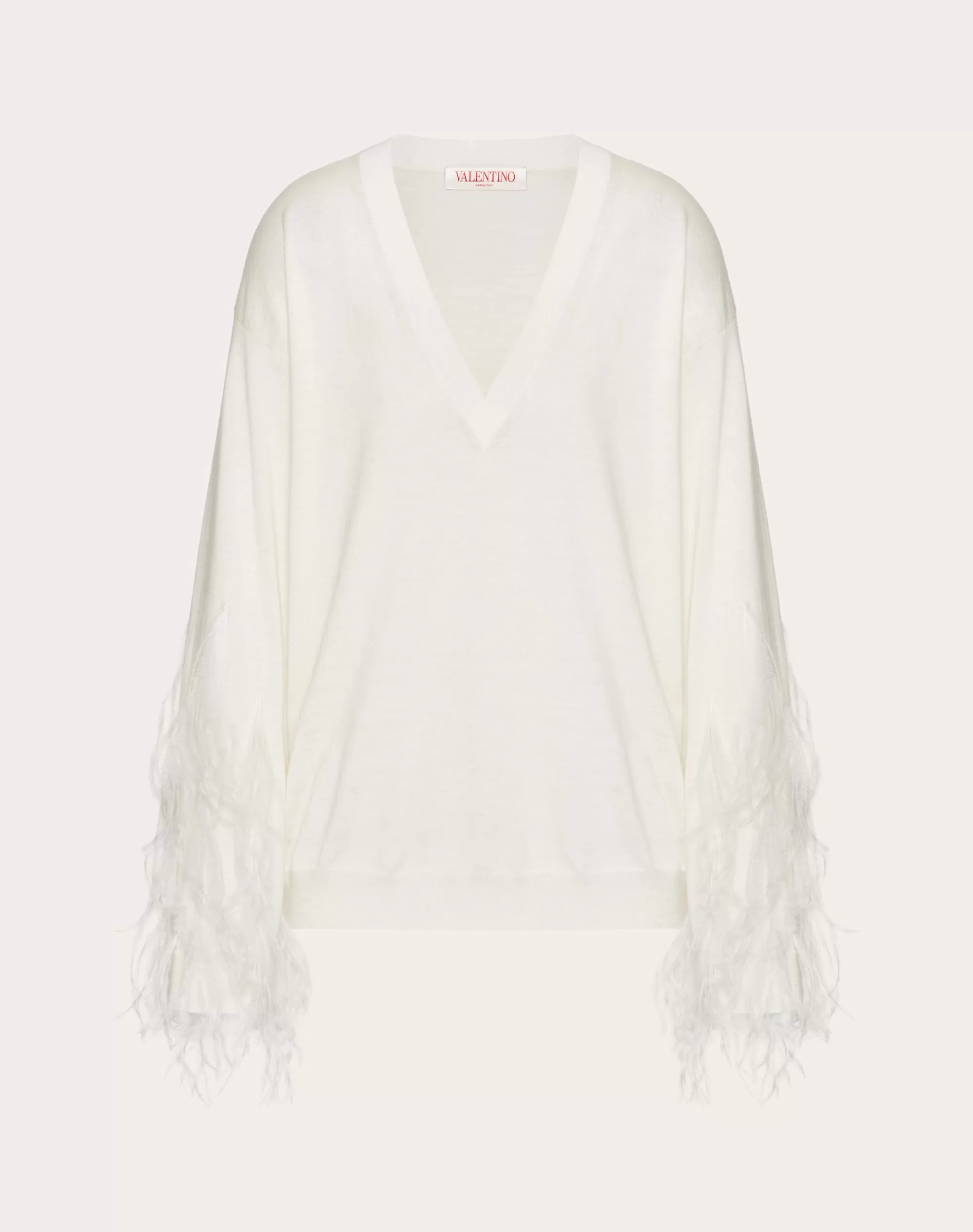 Valentino WOOL SWEATER WITH FEATHERS Ivory Flash Sale