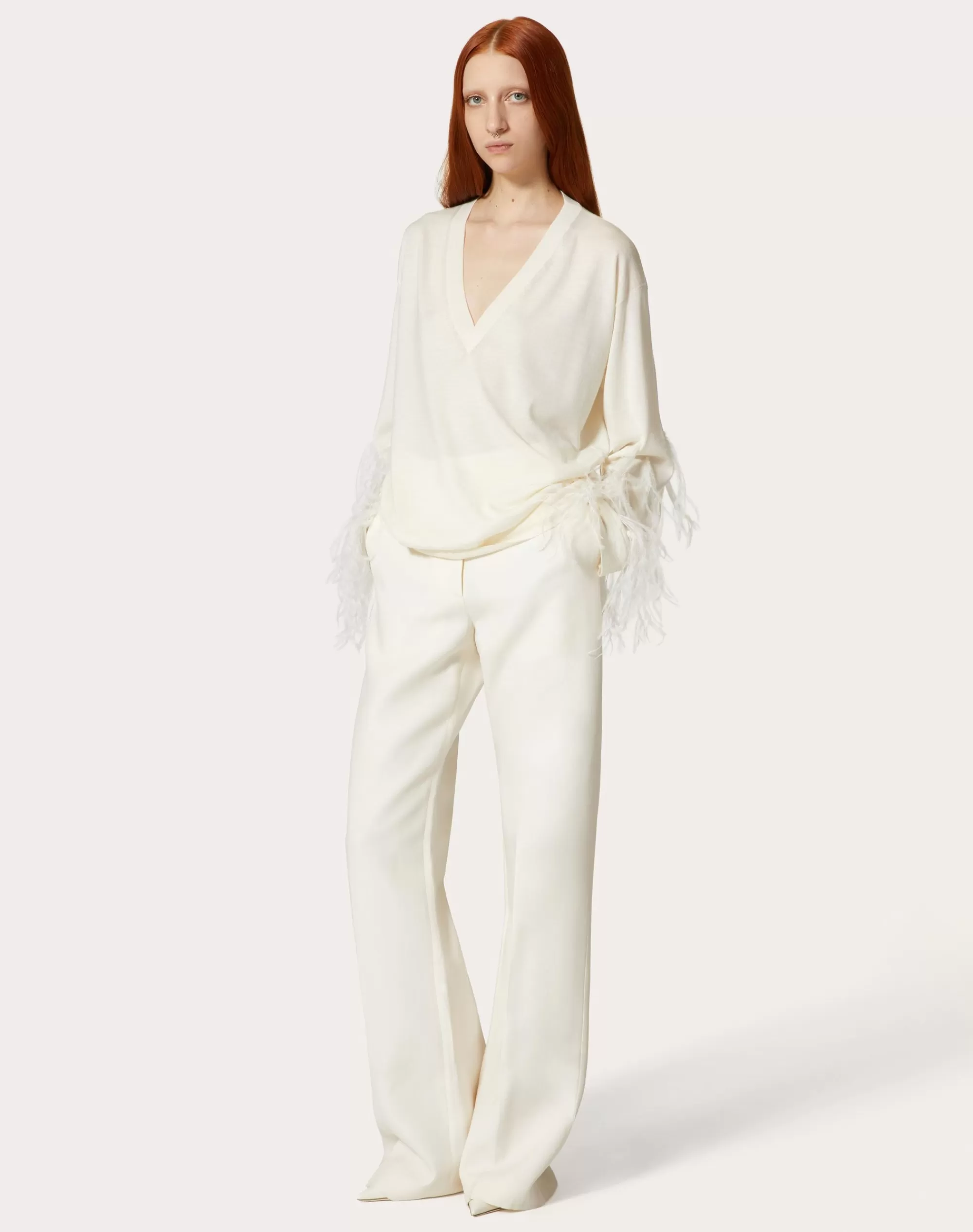 Valentino WOOL SWEATER WITH FEATHERS Ivory Flash Sale